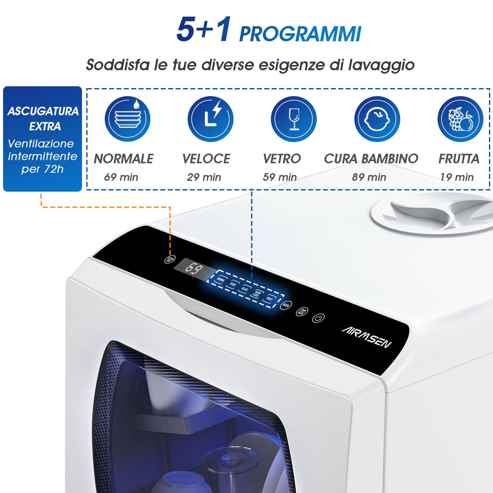 AIRMSEN Mini Lavastoviglie da Tavolo 5+1 Programmi, Serbatoio 5L, 2 Modi di Approvvigionamento Idrico, Touch Control e Display LED, Ideale per Cucine, Appartamenti e Dormitori, Bianco