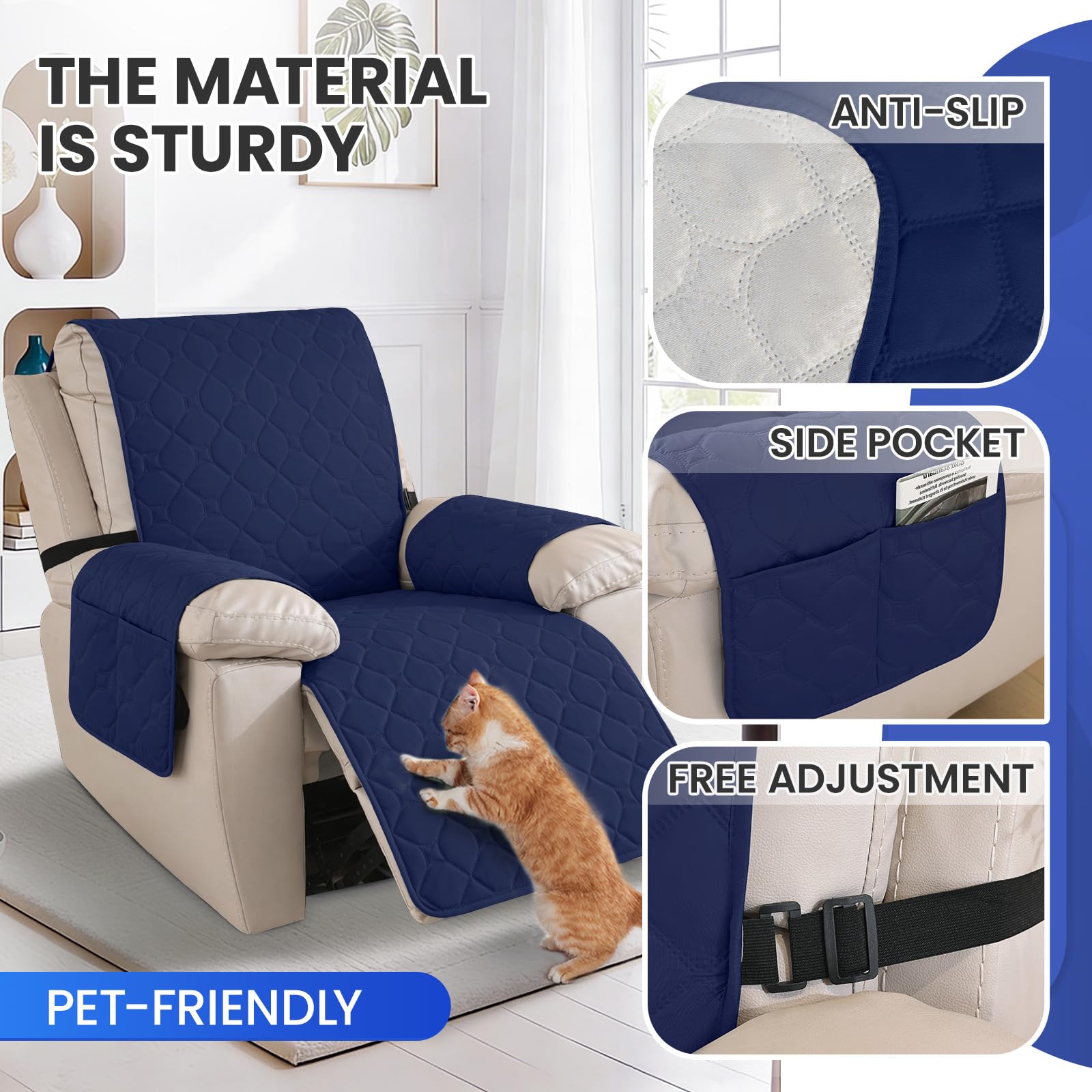 Ystyle 100% Étanche Housse Fauteuil Relax Inclinable Electrique, Antidérapant Protection Fauteuil Relax Grand 1 Place avec Poches Latérales, Lavable Housse de Fauteuil Inclinable, Bleu Marine