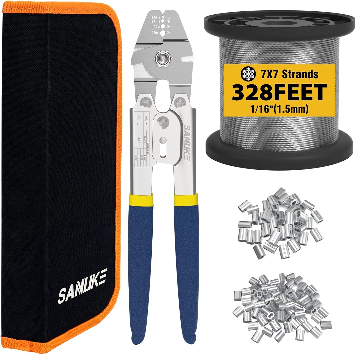 328FT 1/16 Stainless Steel Wire Rope, Wire Rope Crimping Tool, M2 Thimbles and Crimping Sleeves
