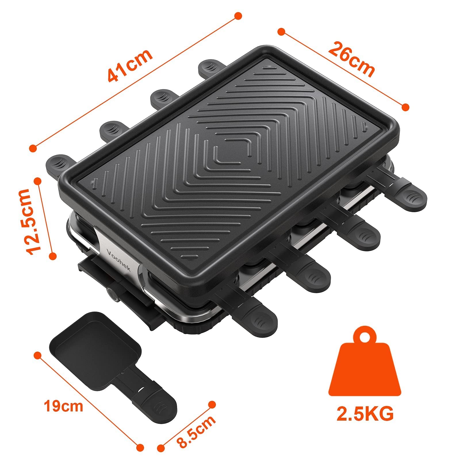 Raclette 8 Persone Griglia Elettrica Raclette Grill 8 Mini Padelle 8 Spatole Grill da Tavolo Grill Elettrico Piastra Antiaderente 1300Watt, Nero