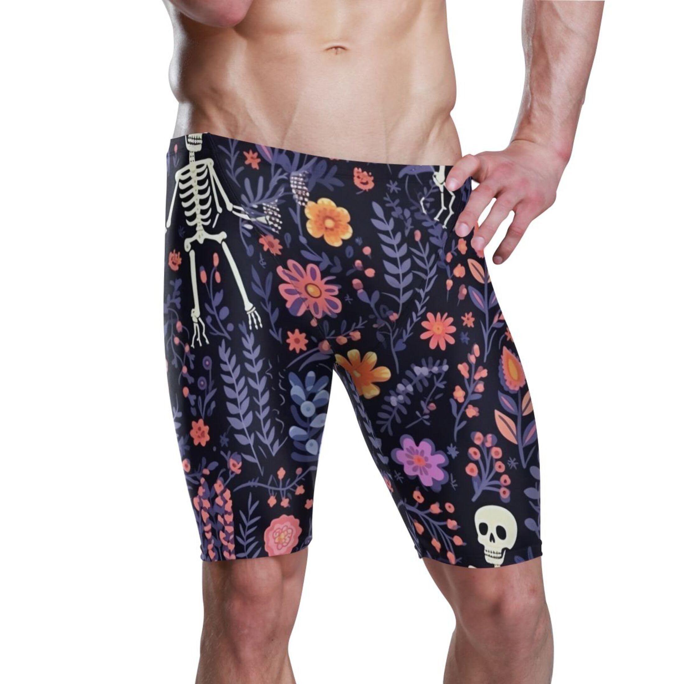 Sugar Skull Skeleton Gothic Flowers Mens Swim Jammers Swimsuit XL B0400639