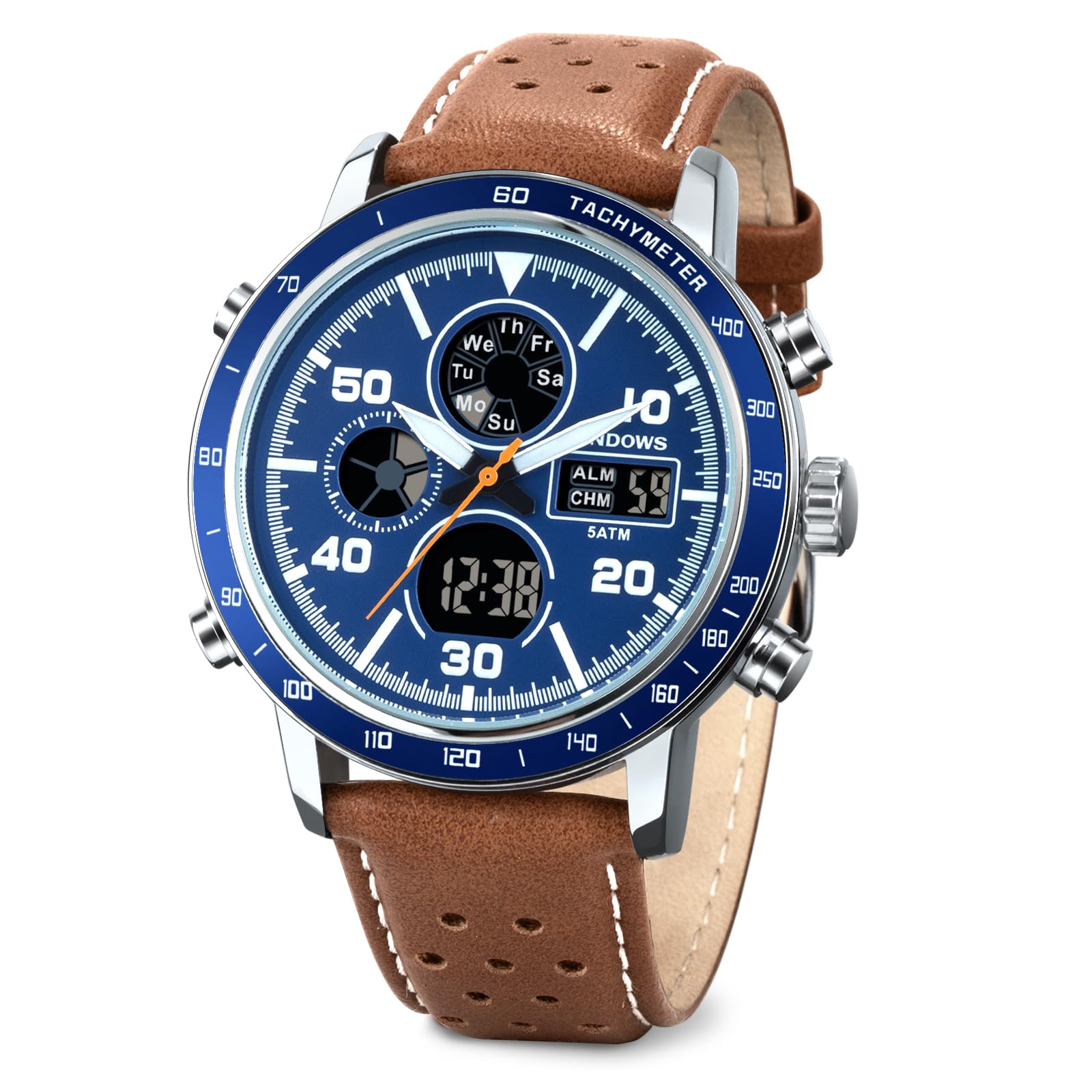 PINDOWS Watches for Men, Outdoor Digital Analog Leather Wristwatch Multifunctional LED Backlight, Alarm Stopwatch Calendar. (Brown Blue) (B0CRY5ZSB8) Amazon Price History, Amazon Price Tracker