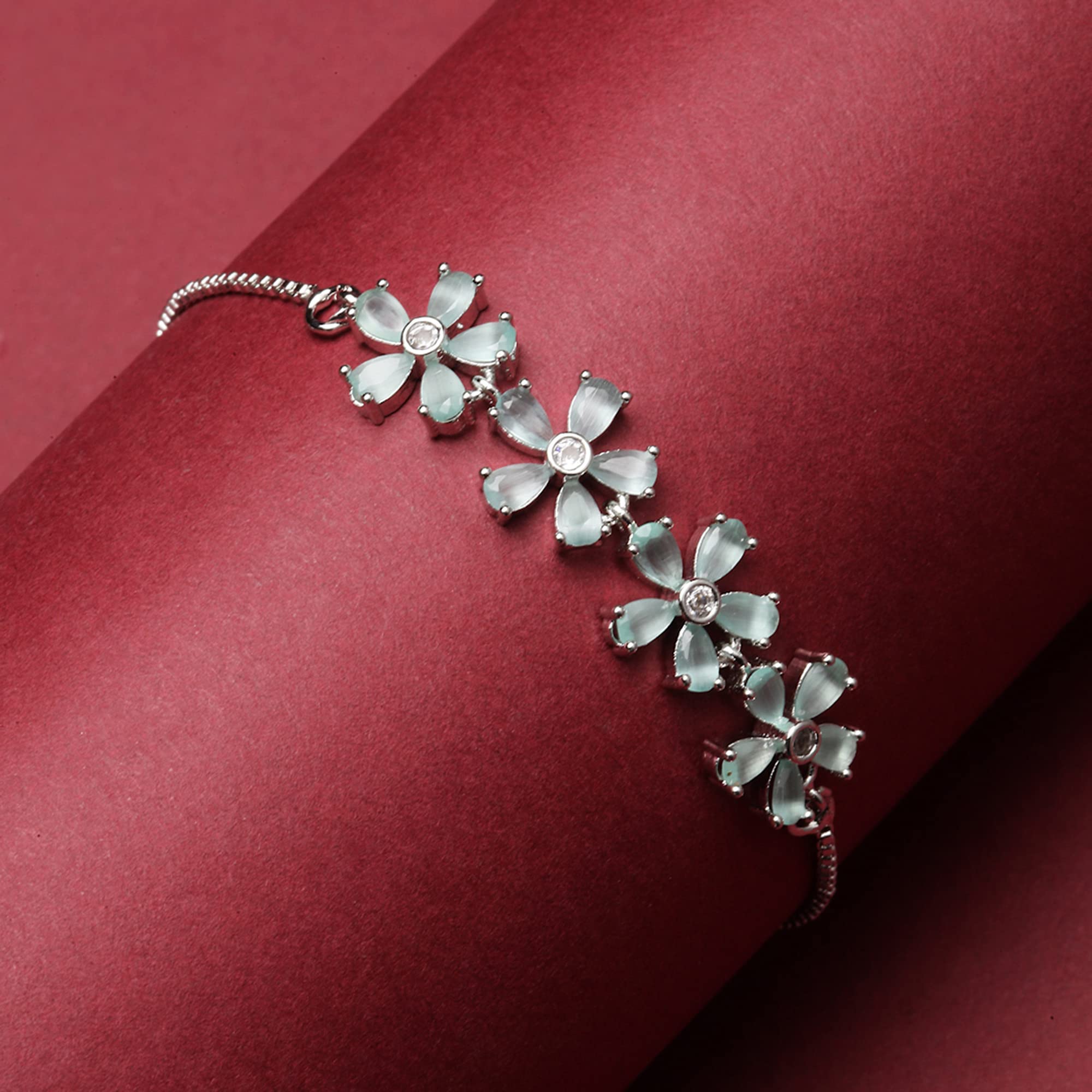 ZENEME Bracelet Rhodium-Plated Silver Toned American Diamond Studded Lime Green Floral Link Adjustable Bracelet For Women and Girls 1