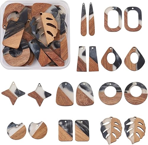 Beadthoven - 20 unidades10 pares de dijes de madera de resina con patrón de tinta, aretes bohemios para bricolaje, colgantes de madera de resina