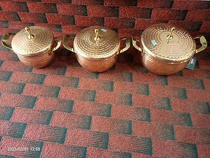 MOTI METAL INDUSTRIES MMI Copper Casserole Donga with Lid, Sandwich Bottom Donga Set Extra Heavy Hammered Antique - 1 litre 1.5 litre 2 litre