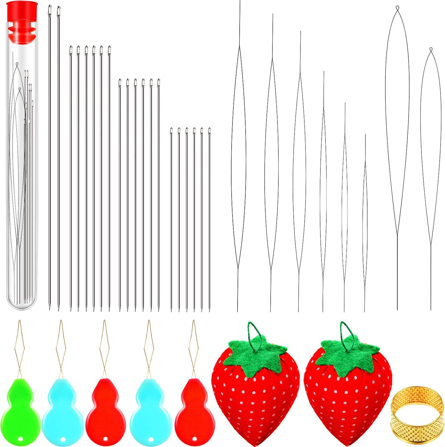 WILLBOND 37 Pieces Assorted Beading Needles Long Straight Beading Thread Needles Big Eye Beading Needles with Sewing Pin Cushion Needle Threaders Thimble Needle Bottle for Jewelry Making