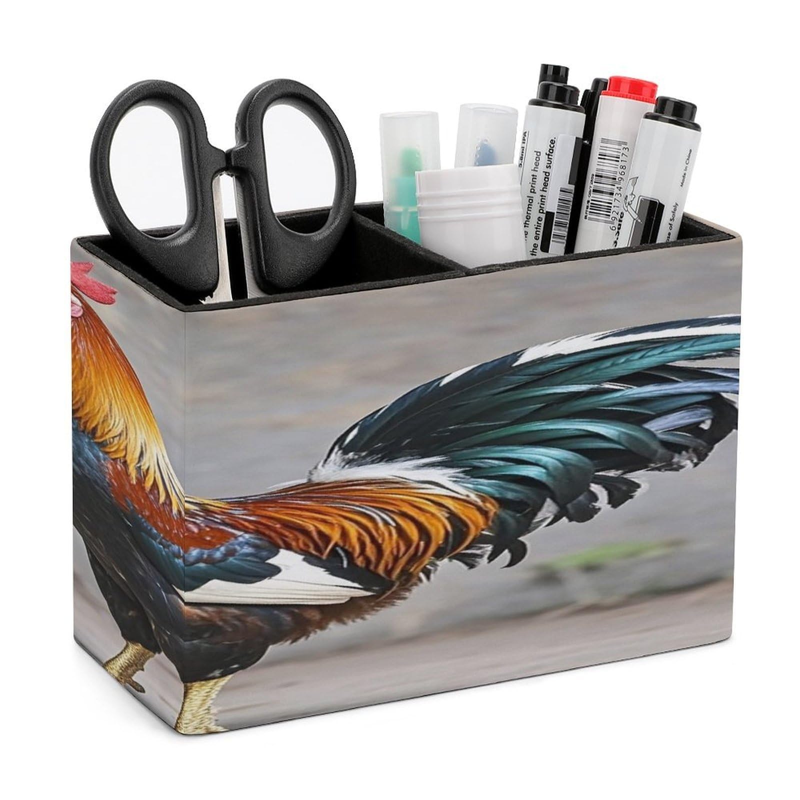 FekiLoot Rooster Pen Holders for Desk Small Remote Control Holder Leather Pencil Cup with Double Compartments Desktop Organizer for Table Desk Office Space Saving