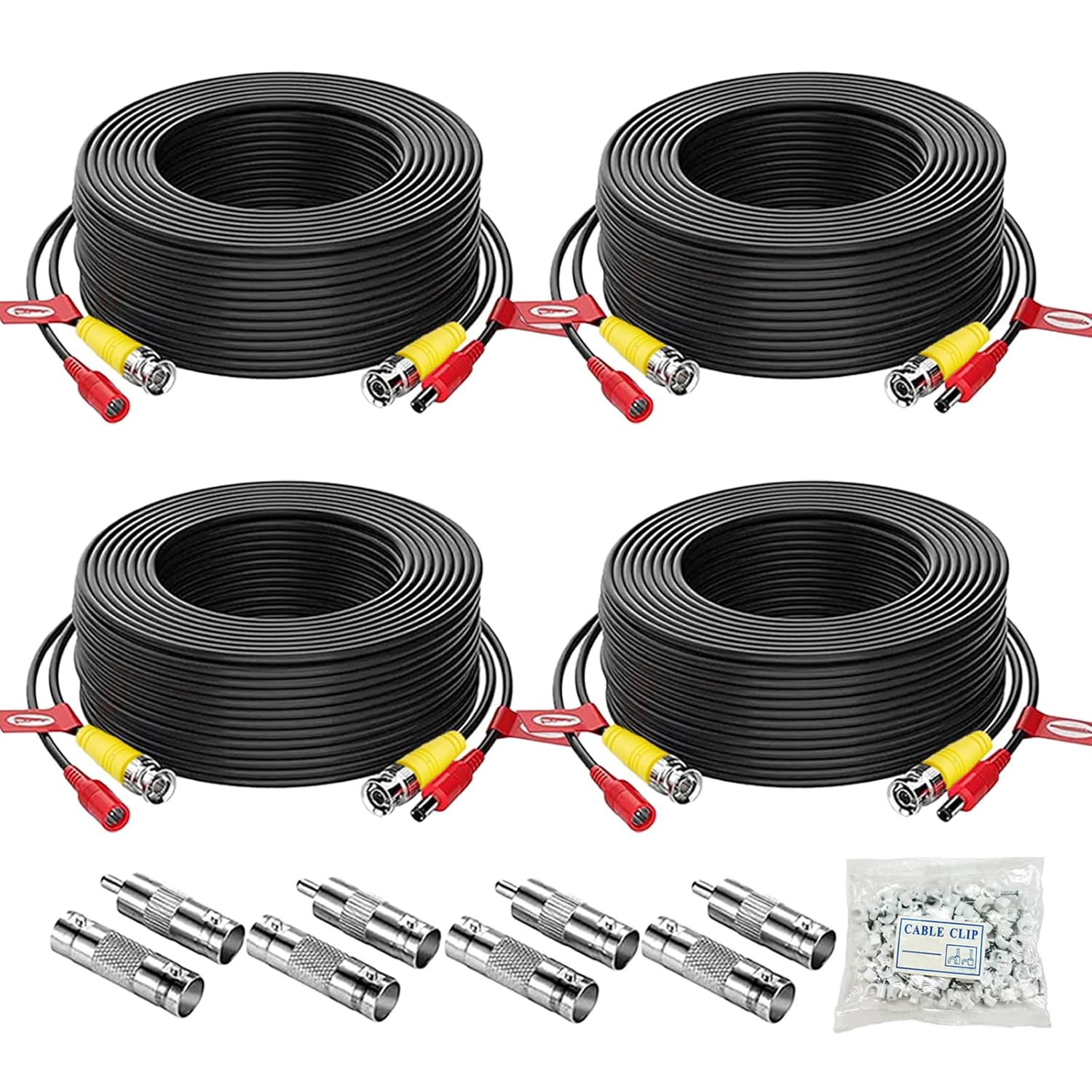 Aiwixen 4-Pack 200ft BNC Video Power Cables for CCTV DVR Security Cameras - Waterproof, Double-Shielded w/ Connectors & Clips
