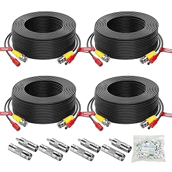 4 Pack 200ft/60M BNC Video Power Cable, BNC Security Camera Cable for Security Camera Surveillance CCTV DVR System, Included 8 x BNC Connectors and Cable Clips