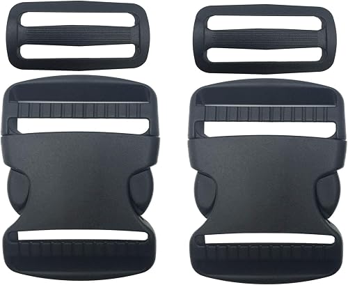 2 Set 2 Inch Flat Dual Adjustable Plastic Quick Side Release Plastic Buckles and Tri-glide Slides for Luggage Straps Pet Collar Backpack Repairing (Black, Fit For 2”/50mm Webbing Straps)