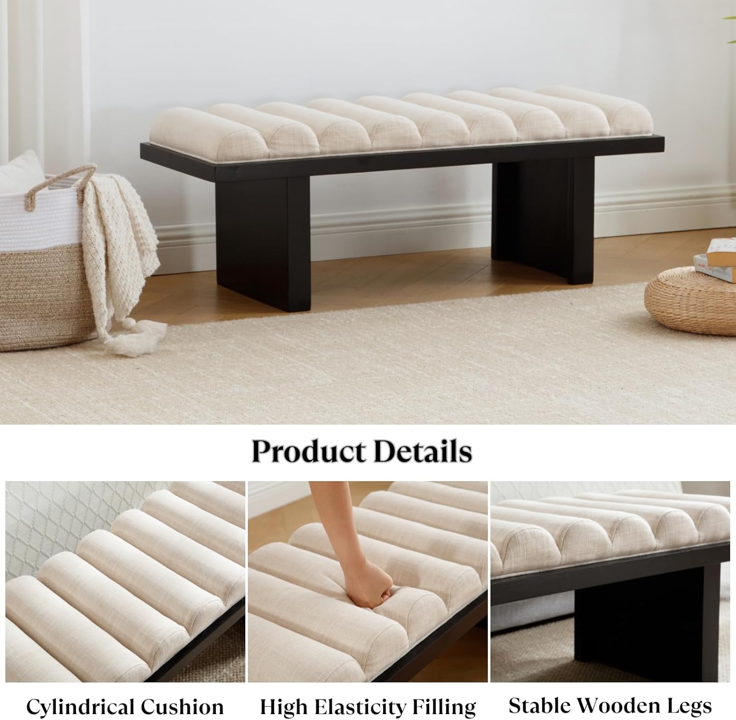 Modern Bedroom End of Bed Bench, 47 Inches Linen Fabric Wooden Entryway Bench with Cylindrical Cushion/Solid Wood Leg for Living Room/Mudroom/Hallway, Black Legs