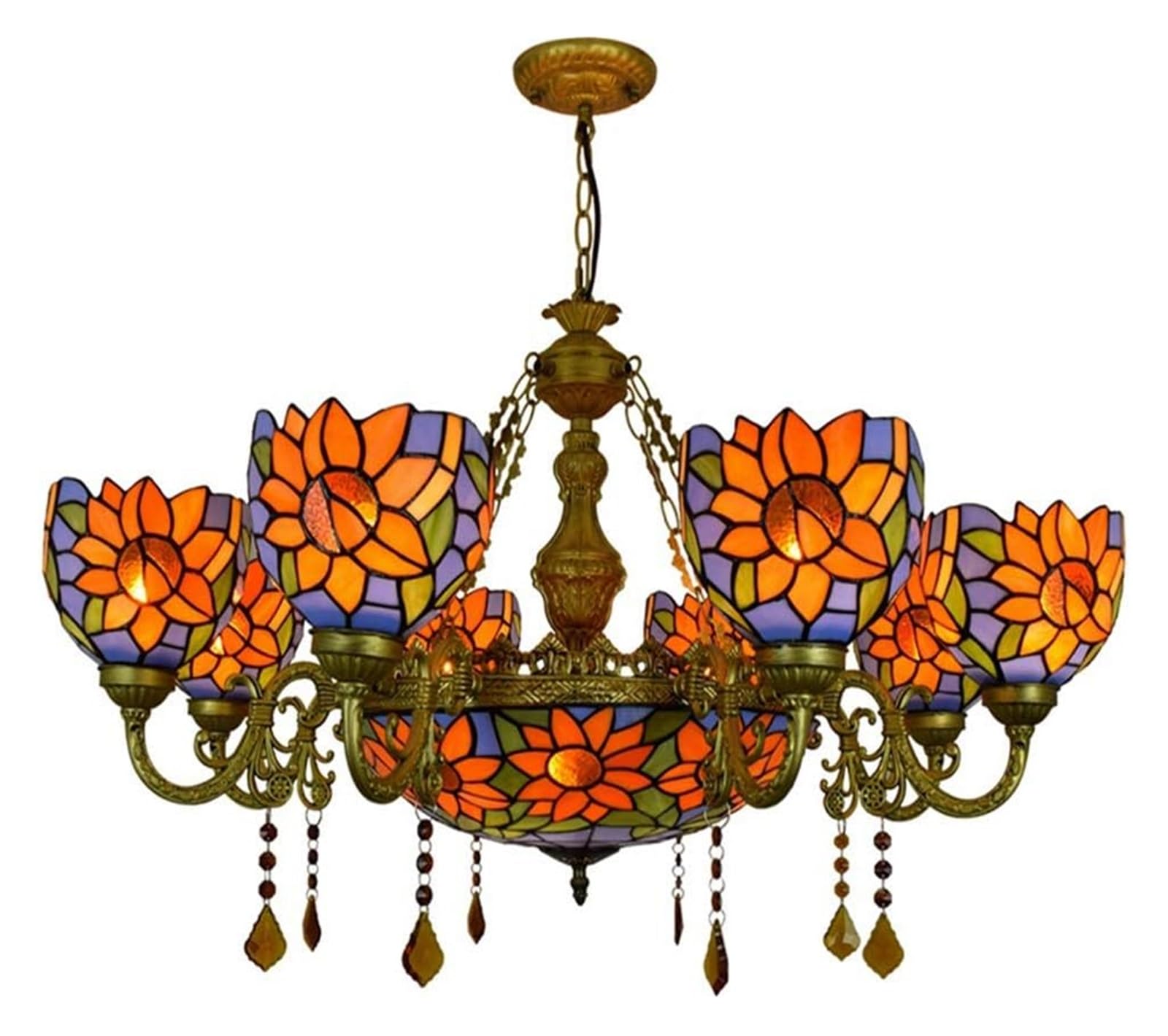 METTEOR Ceiling Lamp Ceiling Pendant Light Fixture 8 Heads Chandelier Tiffany Big Chandelier Blue Sun Flower Colorful Style Glass Crystal Pendant La