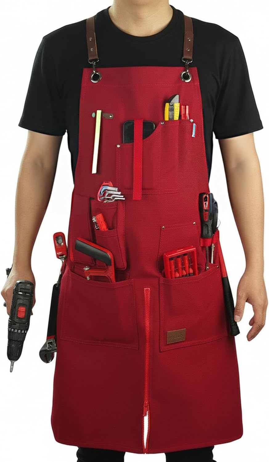 Woodworking Apron, Tool Apron, Canvas, Multiple Pockets, Adjustable Zipper, Metal Ring, Tape Measure Clip, Plus Size, Red