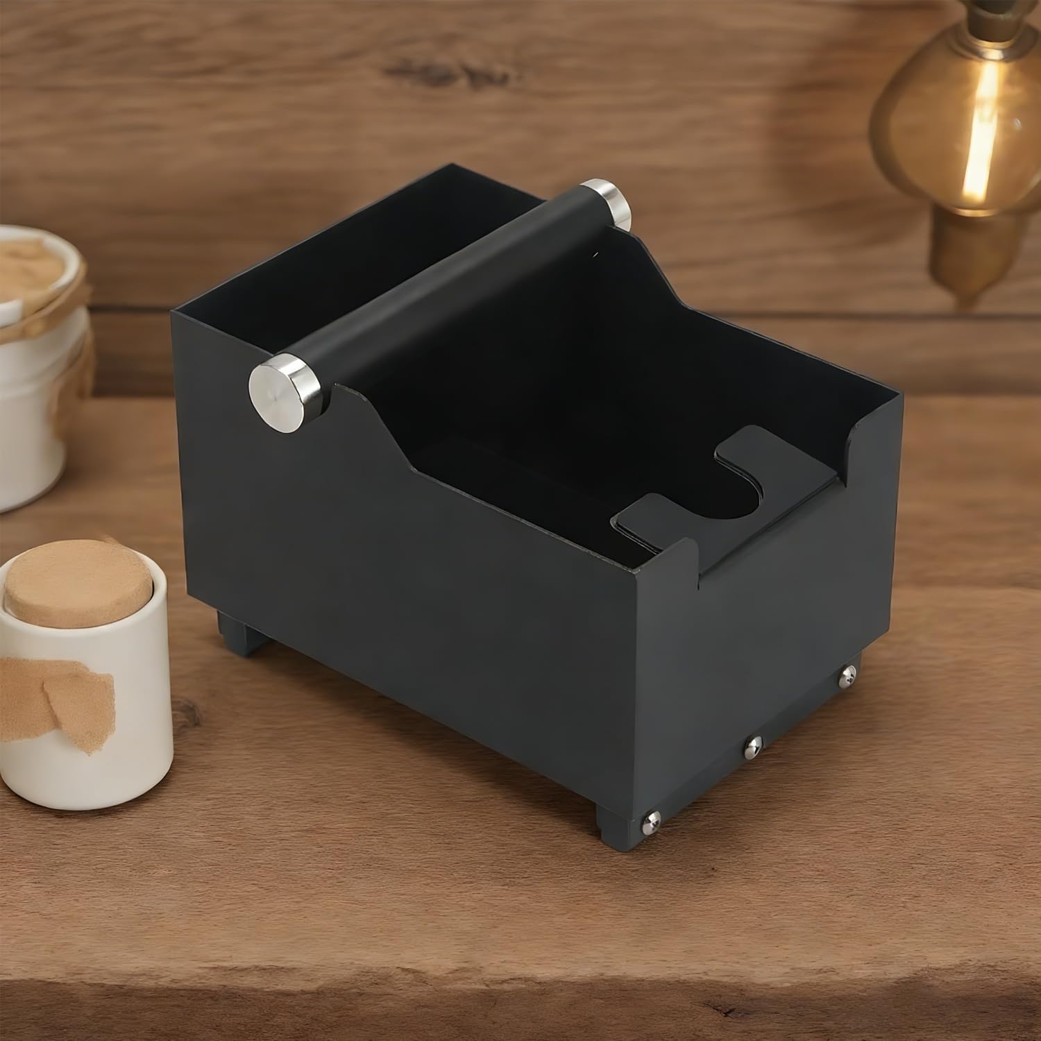 Knock Box de Acero Inoxidable Negro, Diseño 2 en 1 que Integra una Estación de Prensado y Coffee Knock Box, 20x14.5x14 cm