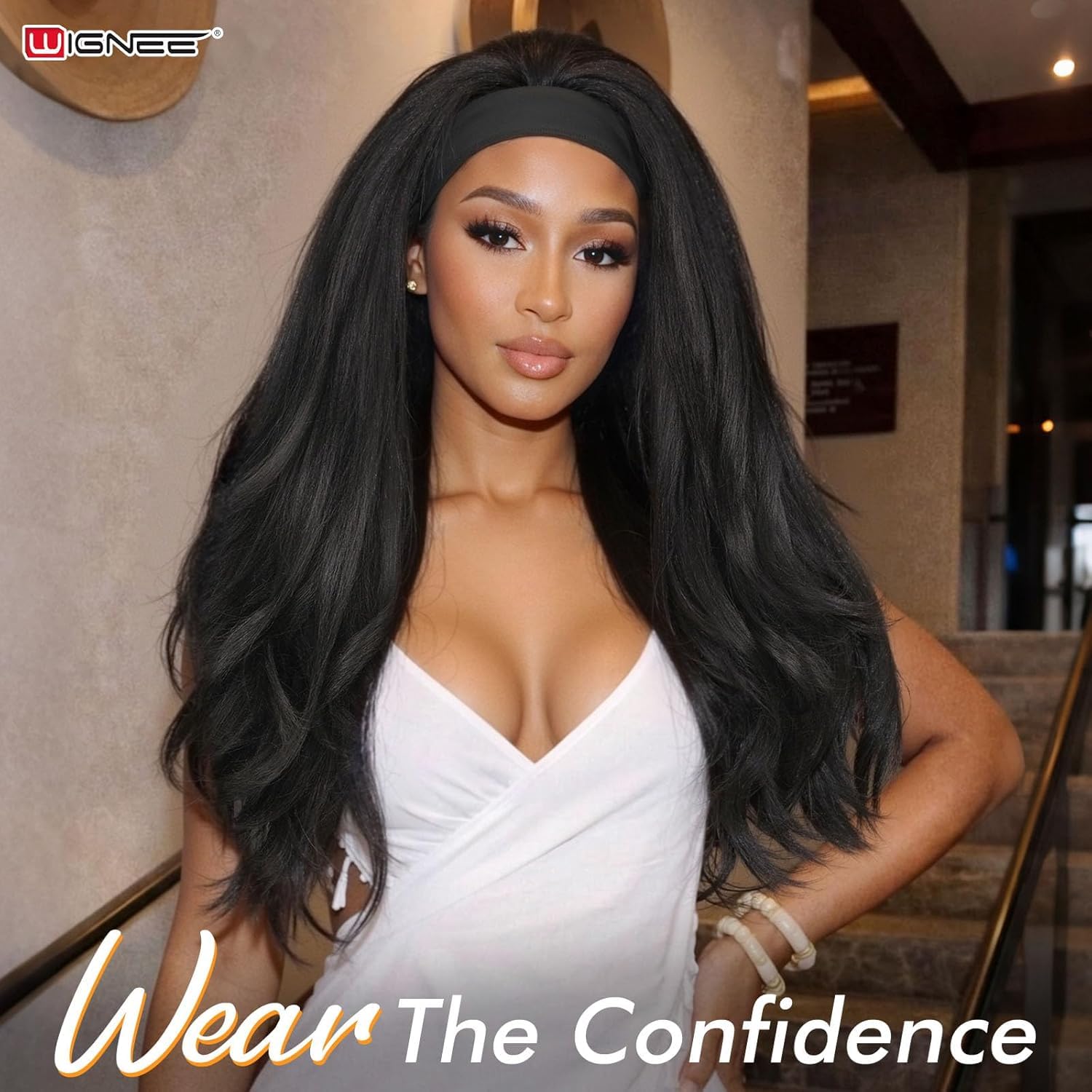 WIGNEE Yaki Curly Bandeau Perruque Synthétique Stratifiée Kink Droite Demi-Prête à Porter Sans Colle Bandeau Perruque pour Femmes Noires (1B, 66cm)