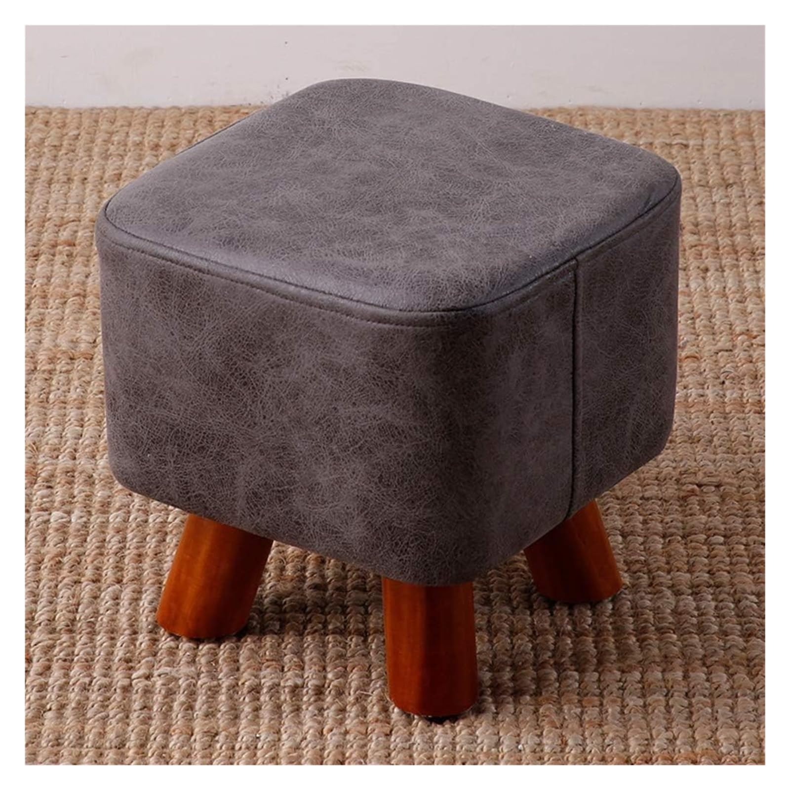 Pouf Ottoman Rond Gain de Place, Petit Banc à Chaussures en Bois et Similicuir