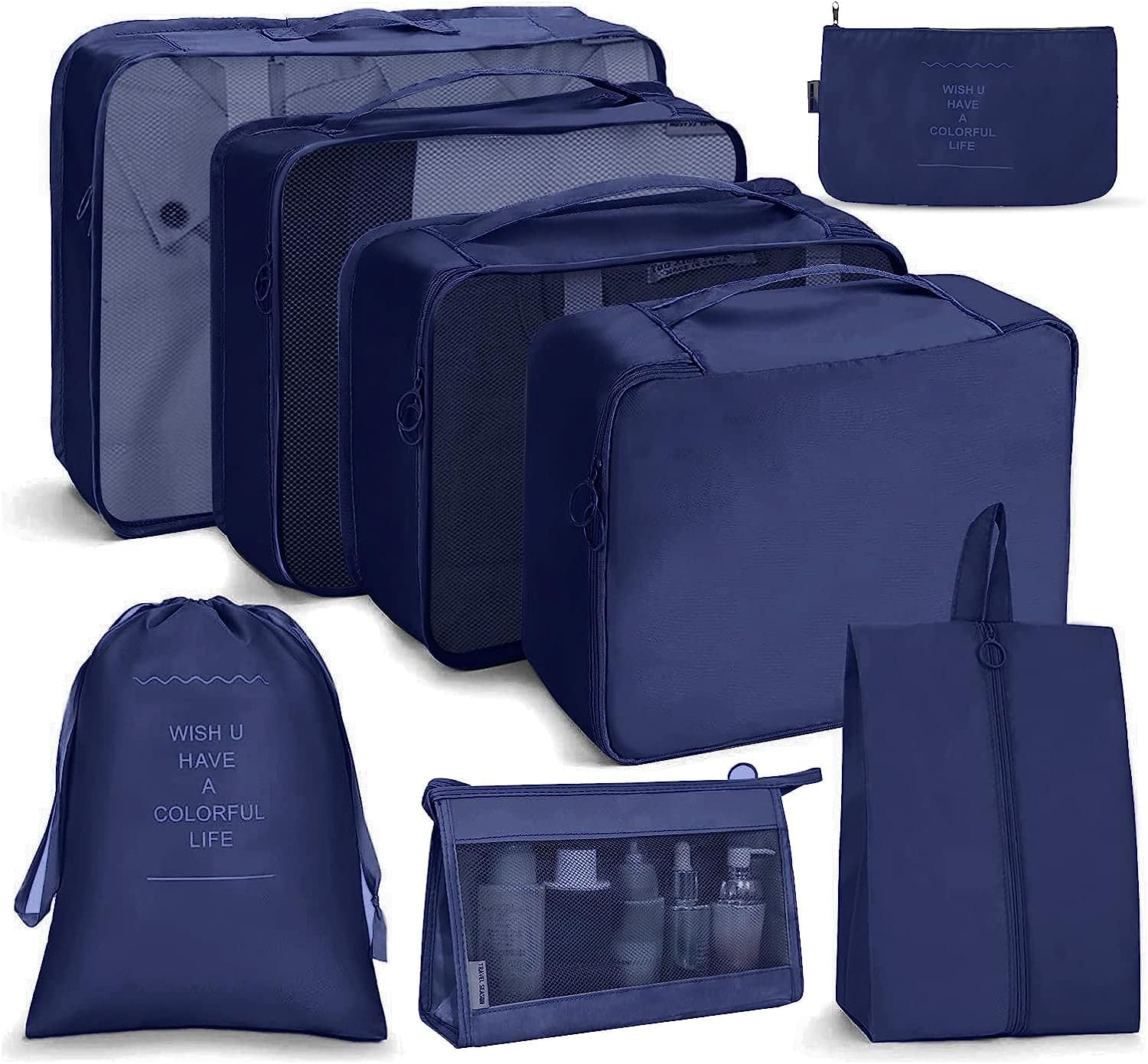 OCEANEVO8 Pcs Packing Cubes for Travel, Travel Organizer Bags for Luggage, Suitcase with Toiletry Pouch and Shoe Bag - Set of 8 - Navy Blue, Mesh