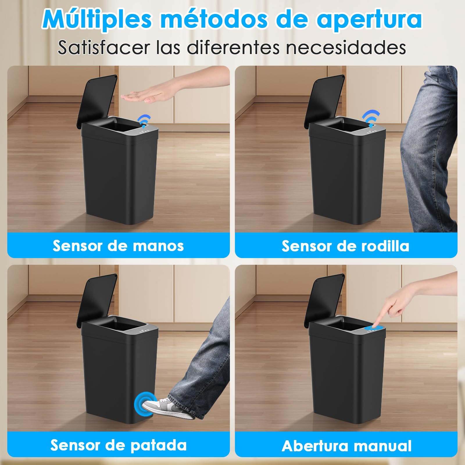 Dreamhigh Cubo Basura Automático Set De 2, Papelera Inteligente De 15L Y 12L Con Tapa Automática Y 3 Modos, Silenciosa E Impermeable Para Cocina, Baño, Oficina, Cubo Basura Baño Con Sensor