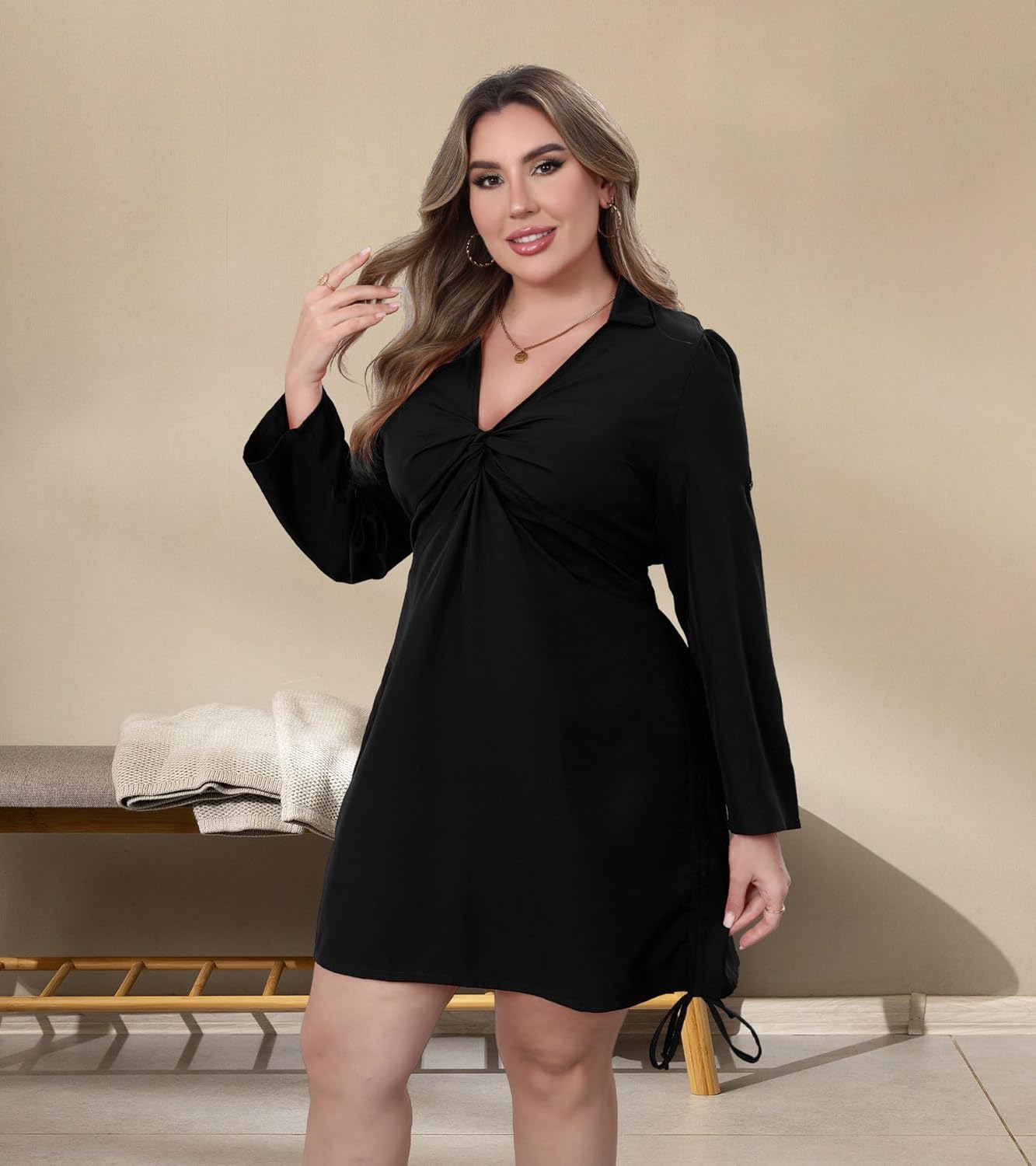Women‘s Plus Size Dress Long Sleeve V Neck A Line Mini Short Cocktail Summer Casual Dress - Image 3