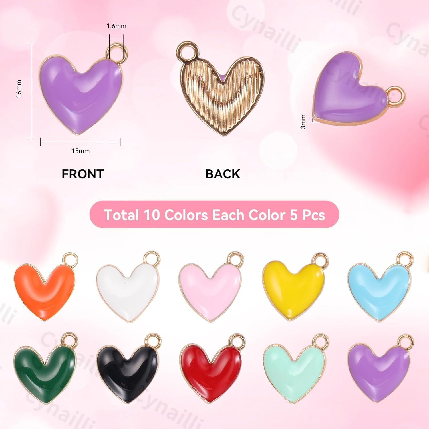 50Pcs Heart Enamel Love Dangle Charms, Colorful Heart Pendants Charm for Jewelry Making DIY Bracelet Necklace Earrings Crafts Supplies - Image 2