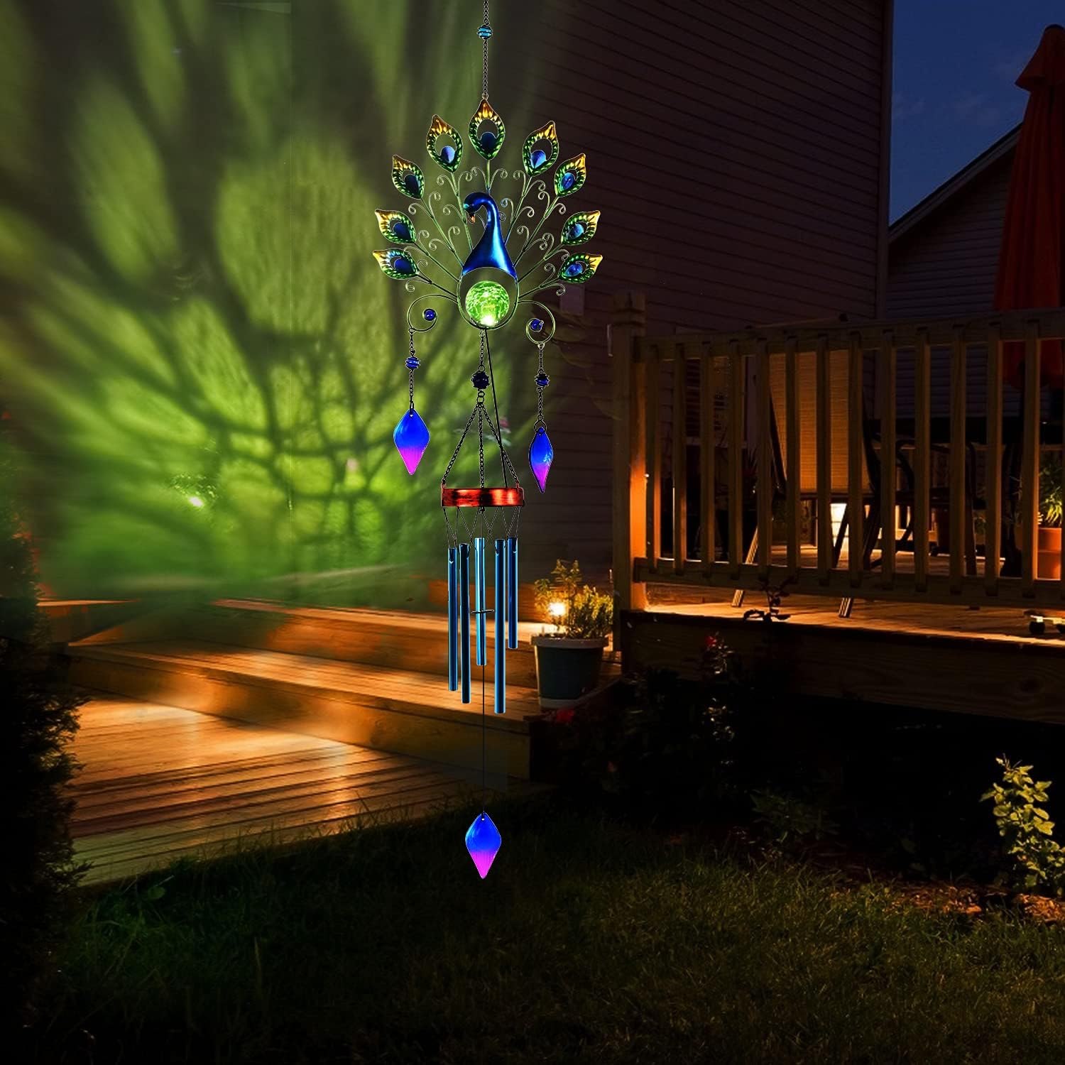 Pearlstar Solar Wind Chimes Outdoor, 53.5" Large Peacock Wind Chimes Light with Crackle Glass Ball, Waterproof Colorful Metal Peacock Wind Chimes for Garden Patio Yard Home Decor Memorial Gift… - Image 3