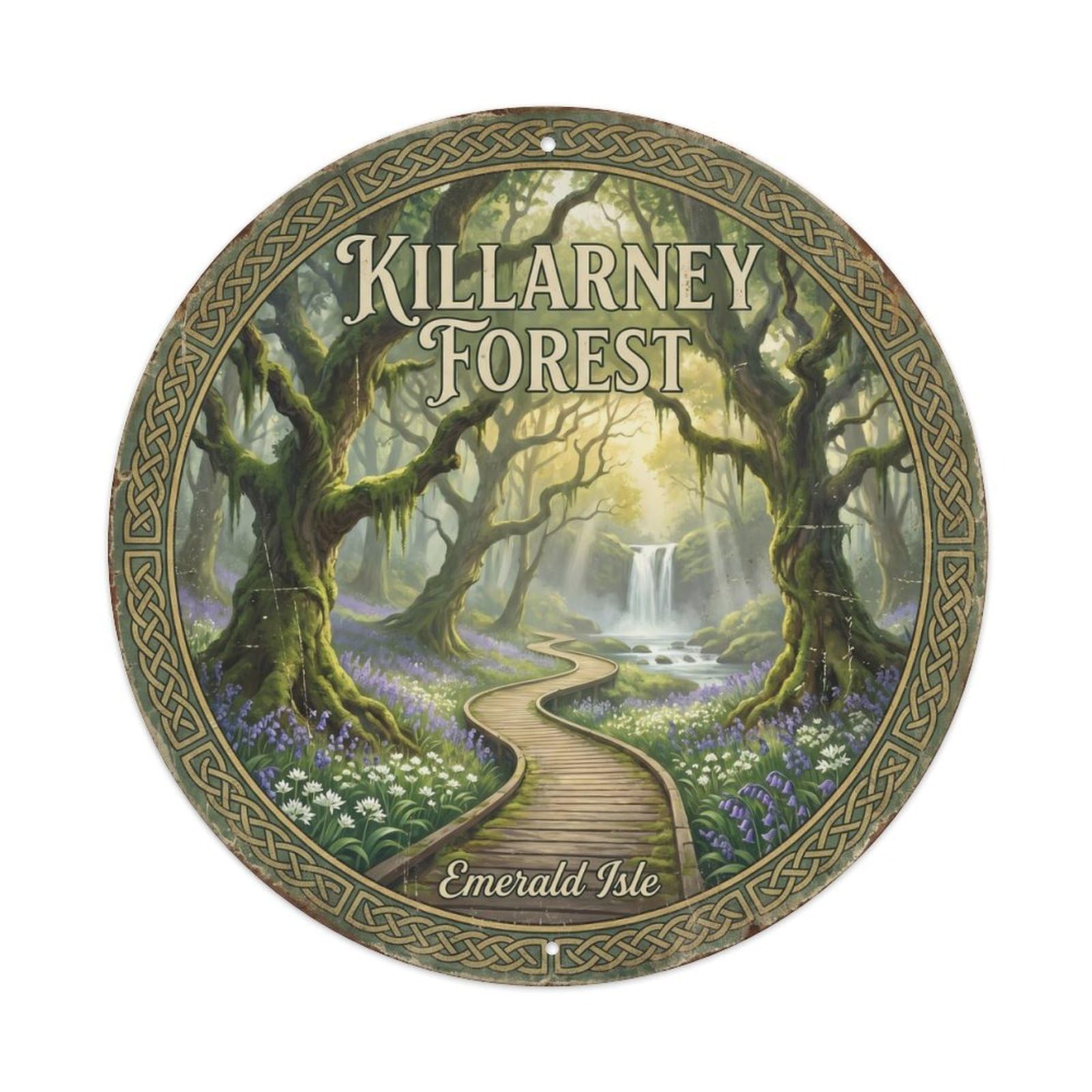 Vintage Travel Killarney Forest Ireland Woodland Metal Tin Sign Plaque Wall Decor for Cafe, Club, Garden Round Metal Poster 8x8Inch