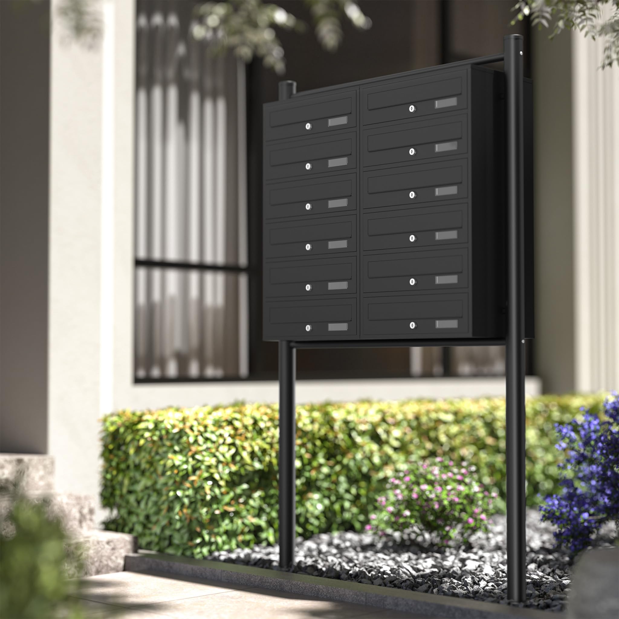 Wiltec Boîte aux Lettres sur Pieds Noire 945 x 270 x 1500 mm, avec 12 Compartiments verrouillables 2x6 et Porte-nom, Revêtement en Poudre, pour Courrier