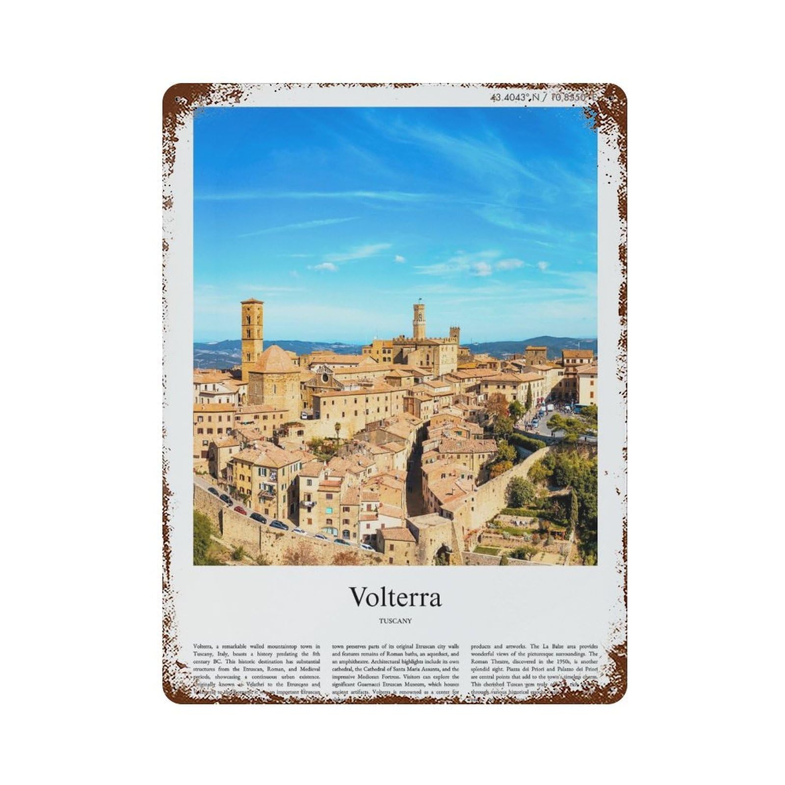 xiaoxiaoshen Volterra Tuscany City Scenery Wall Decor Art Metal Tin Poster Modern Home Decor Art Home Bar Shop Decorations Vintage Sign 40x30cm