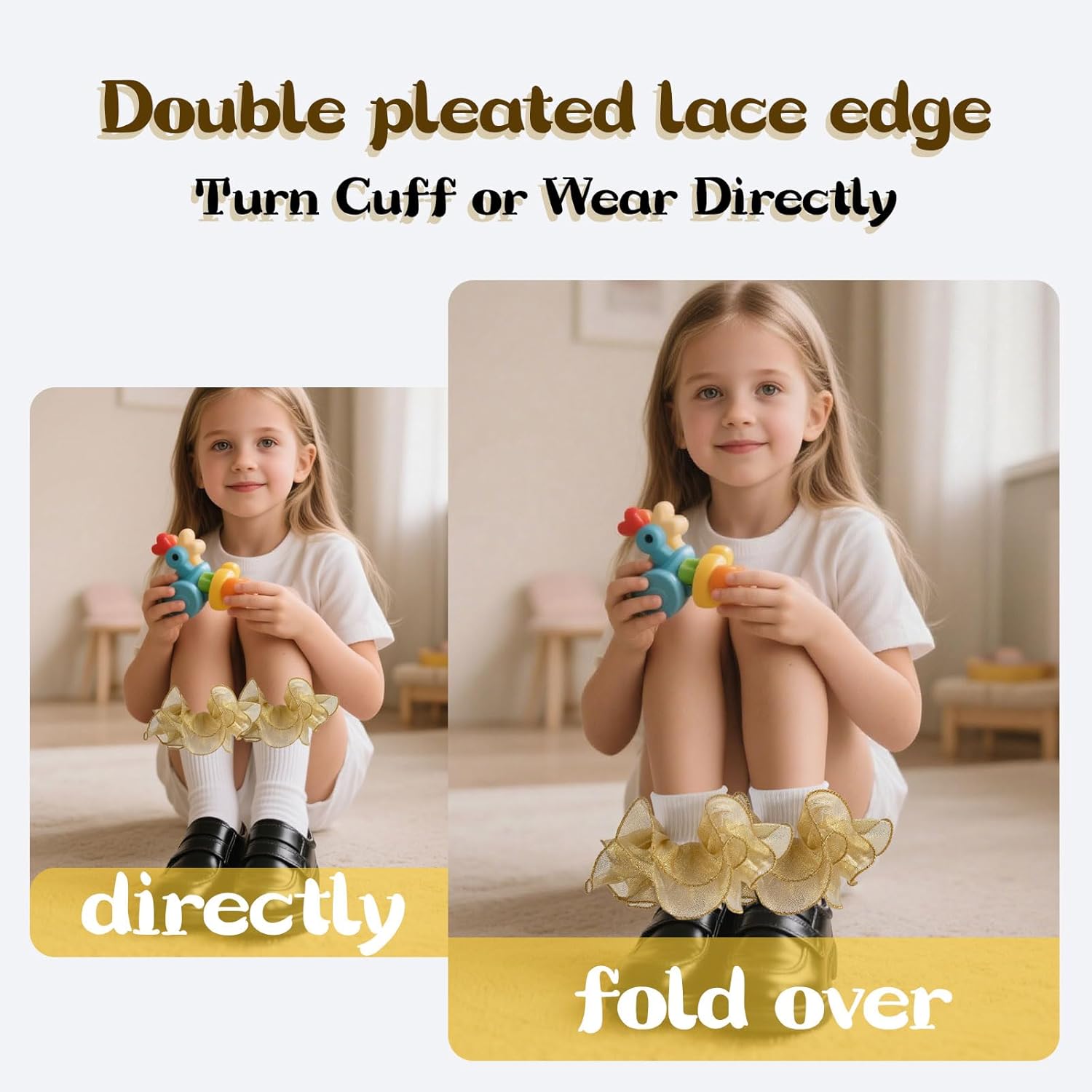 1 Pair Girls Ruffle Socks Toddler Girl Gold Silver Glitter Double Lace Frilly Dress Socks Turn Cuff Pageant Sock Kids - Image 5