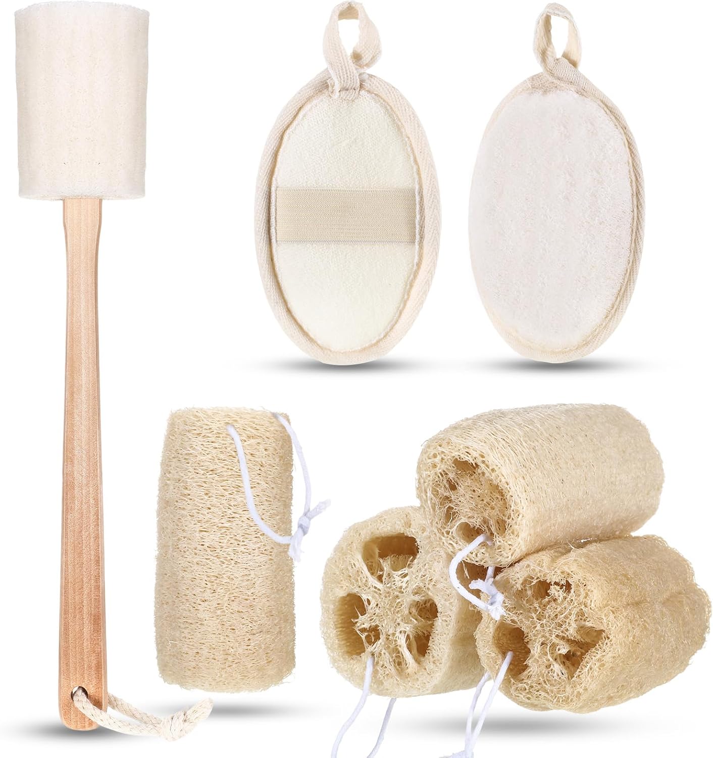 SiliFine 7 Pcs Natural Loofah Exfoliating Body Scrubber Set
