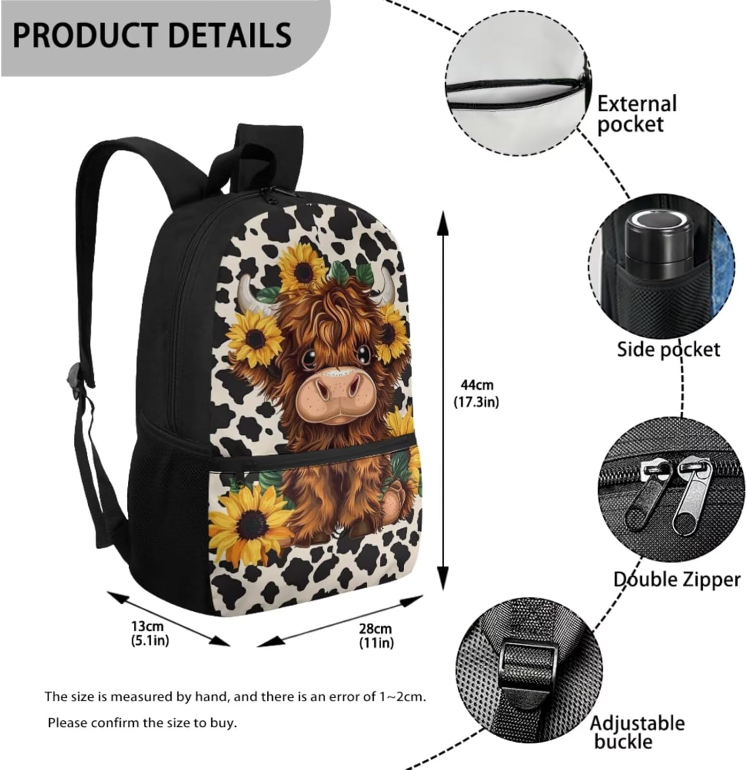 Highland Cow Print Backpack for School Girls 10-12/8-10/6-8 with Lunch Box Sunflower Kids Bookbags for 5th Grade Girls Elementary Back Pack and Lunch Bag Student Book Bags Pencil Case Set
