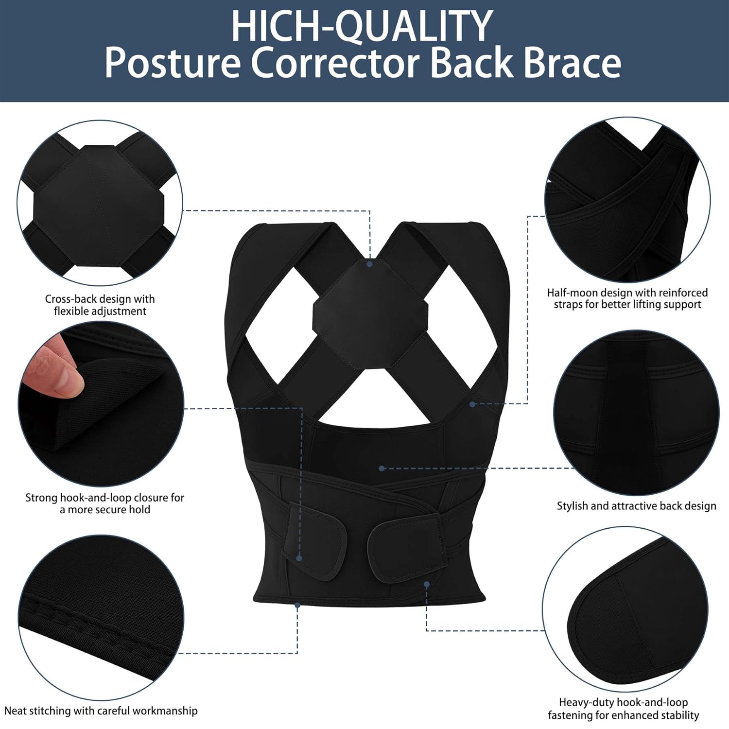 Posture Corrector for Women and Men Full Back Brace Support Adjustable Comfortable Belt Straightener Upper Back Pain Relief Scoliosis Hunchback Shoulder Posture Brace Under Clothes Black Medium