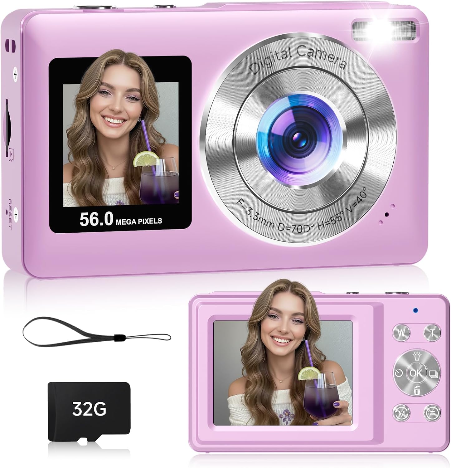 Compact Camera,56MP Dual-Screen Digital Camera for Teens with Auto Focus,Smile Capture,Anti-Shake,16X Zoom,32GB SD Card Camera Digital Gift for Boys Girls Teens