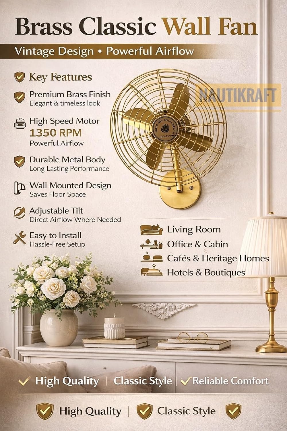 Super Instruments – 1350 RPM High Speed Motor, Classic Antique Wall Mounted Fan, Durable Metal Body, Adjustable Tilt, Retro Decorative Fan for Living Room, Office, Cafés & Hotels 1