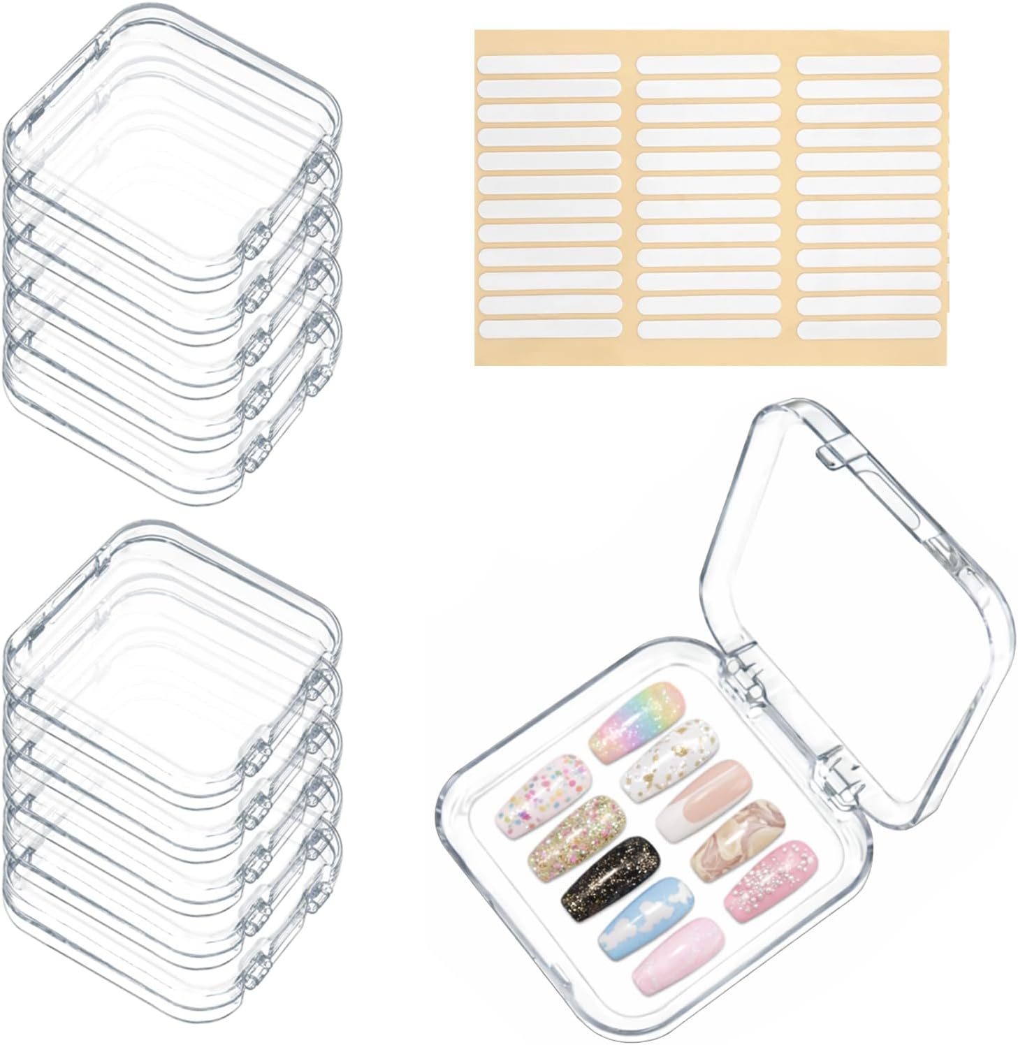 10Pcs Press On Nail Storage Box with 36Pcs Adhesive Double Sided Tape, Press on Nail Packaging Supplies False Nails Display Storage Cases Boxes Organizer for Nail Art Salon Business(Clear)