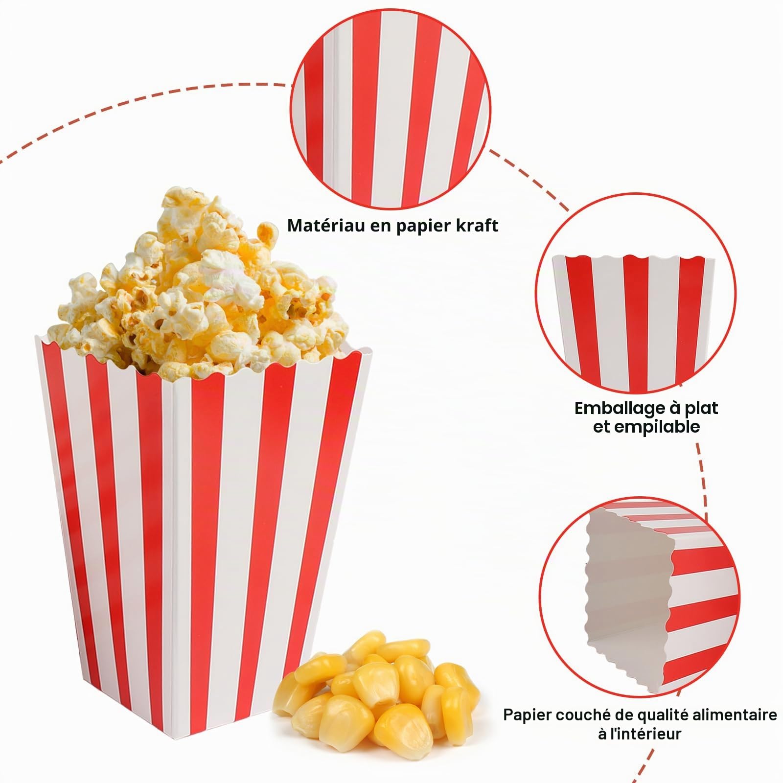 Lot de 100 sachets à pop-corn : boîtes à pop-corn, sacs en carton réutilisables, sacs en papier de fête, petits sacs à pop-corn, boîte à goûter pour soirée cinéma, fête d'anniversaire, Noël (rouge)