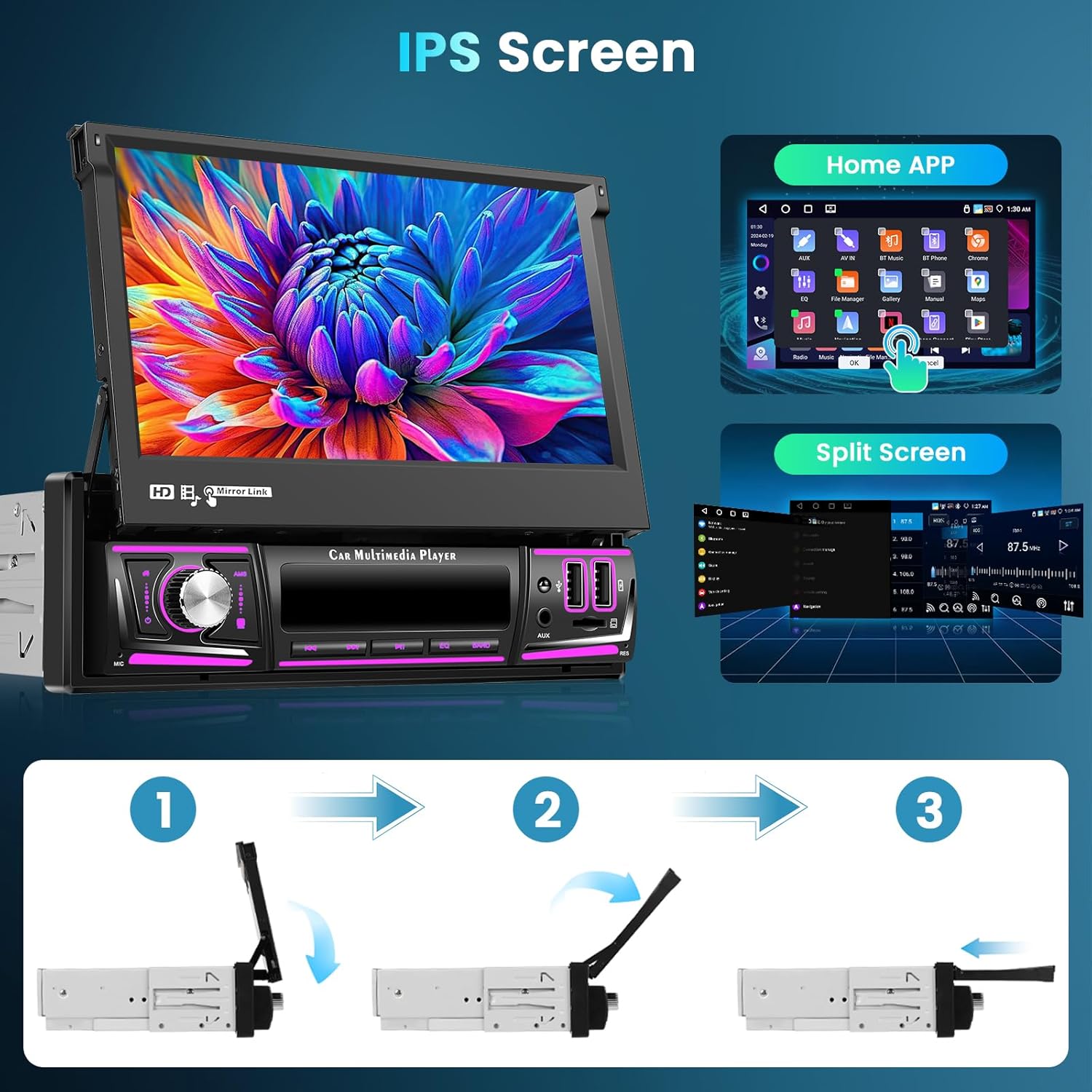 4G+64G Android Car Stereo Single Din with Foldable Touchscreen Wireless Carplay&Android Auto, Driauto 7 Inch Flip Out Screen Car Radio GPS Navi WiFi Bluetooth FM/RDS DSP/USB/Mirror Link Backup Camera