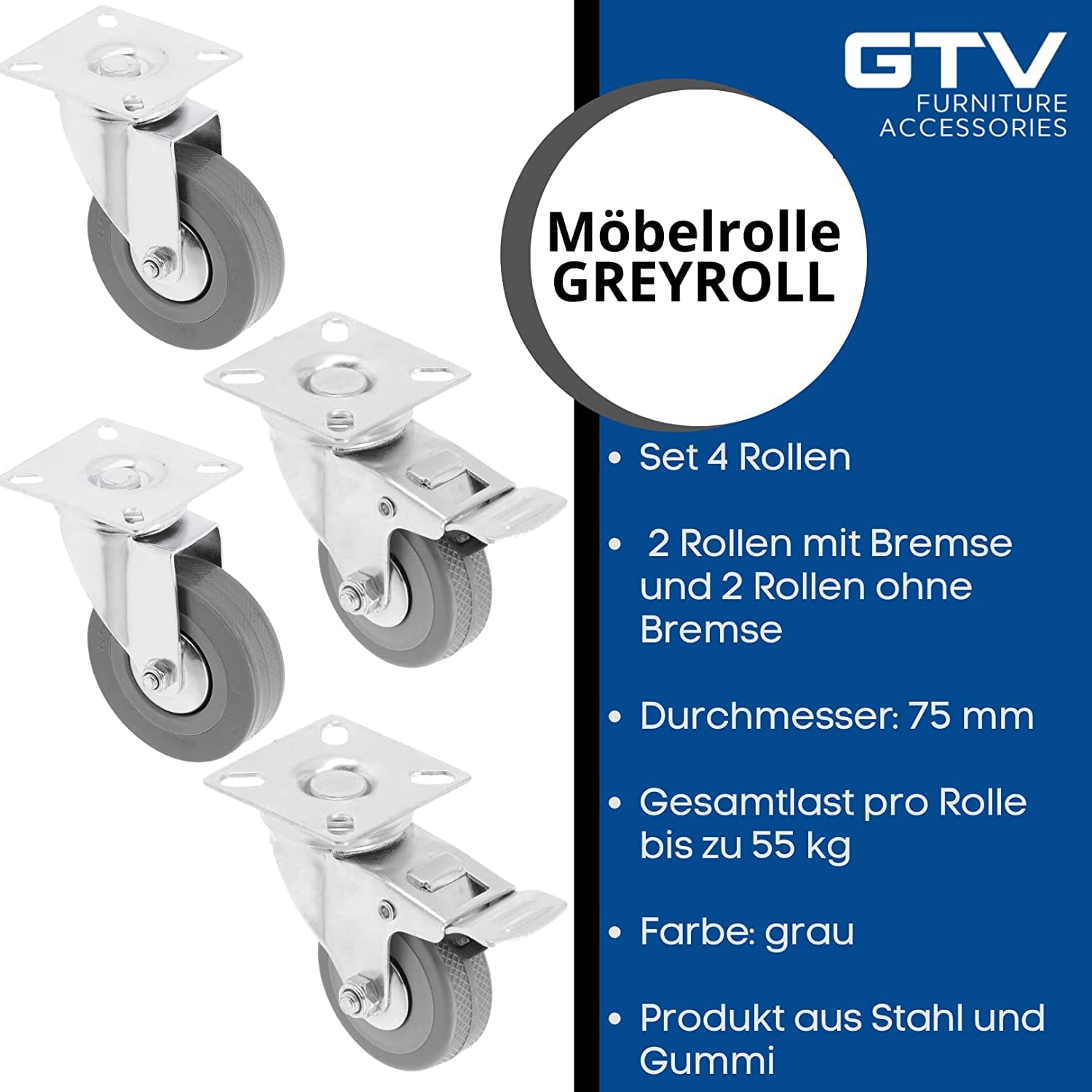 GTV, Set of 4 swivel castors for furniture diameter 75 mm, furniture castor GREYROLL, grey - Image 2