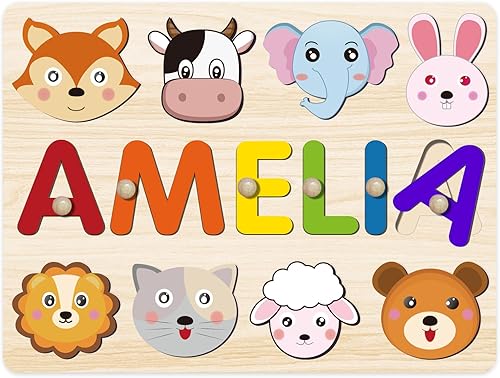 Name Puzzle for Kids Personalized, Baby Easter Gifts, 1-3st Birthday Gifts for Girls Boys, Early Learning Toys for Baby, Custom Wooden Name Animal Puzzle Eeducational Toys