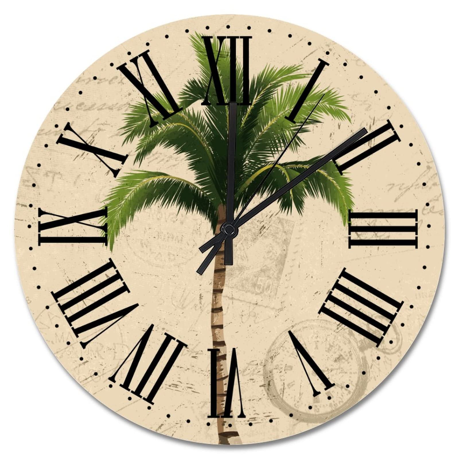 Grande horloge murale plage palmier design épuré sans tic-tac