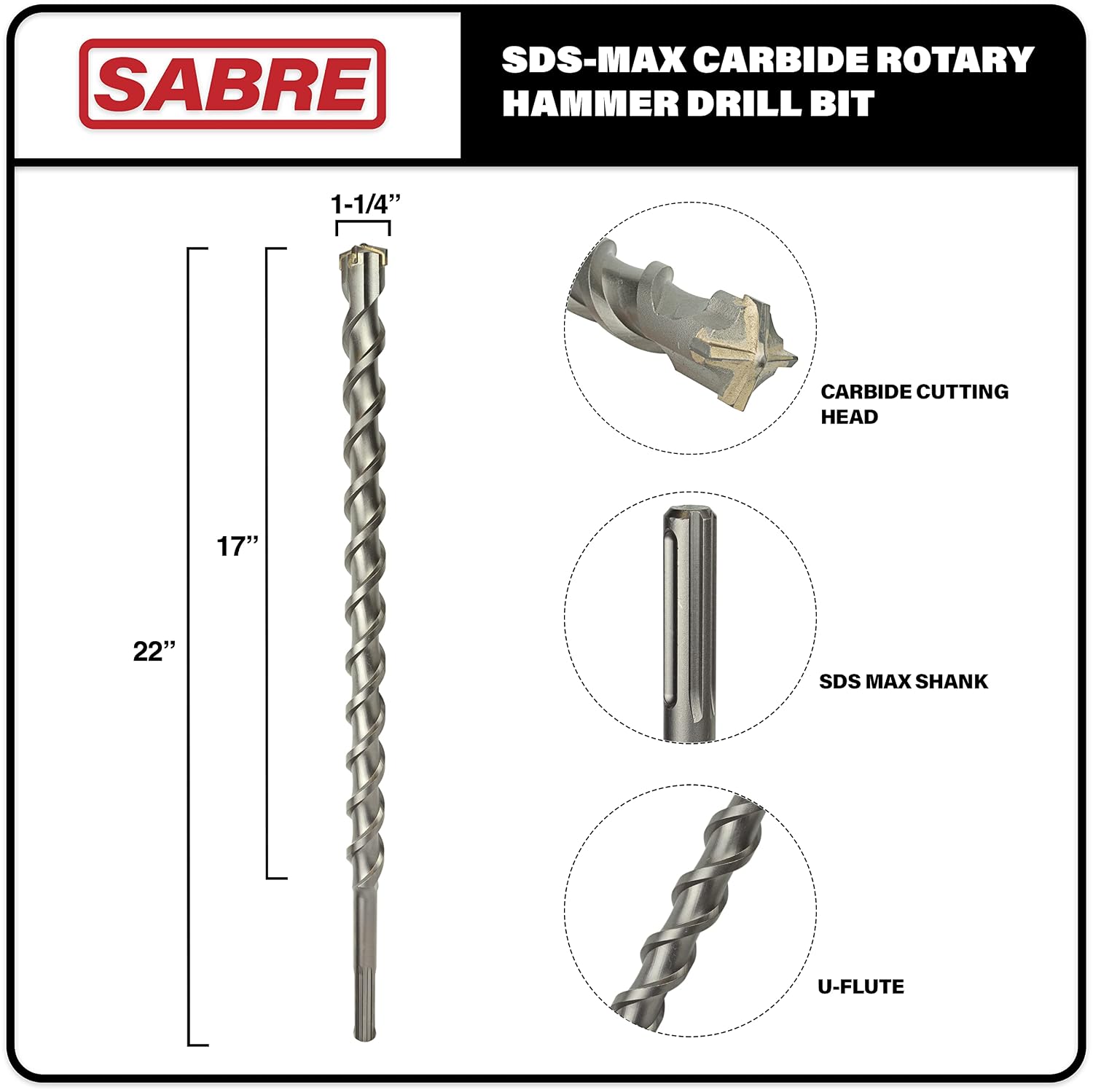 Sabre Tool 1-1/4 Inch x 22 Inch SDS MAX Rotary Hammer Drill Bit, U-Flute, Carbide Tipped for Brick, Stone, and Concrete (1-1/4" x 17" x 22")
