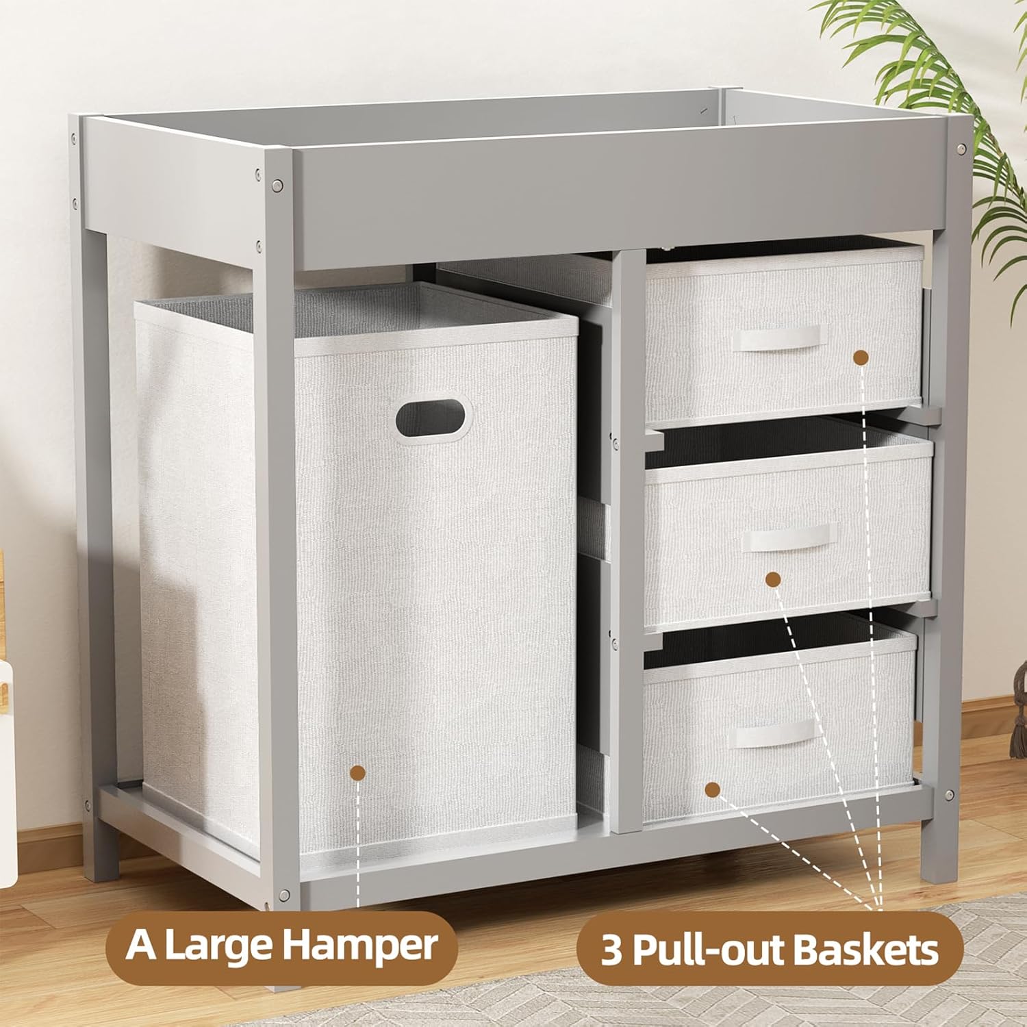 KORIMEFA Baby Changing Table, Diaper Changing Station for Infant with Laundry Hamper, 3 Removable Storage Baskets and Waterproof Changing Pad, Grey