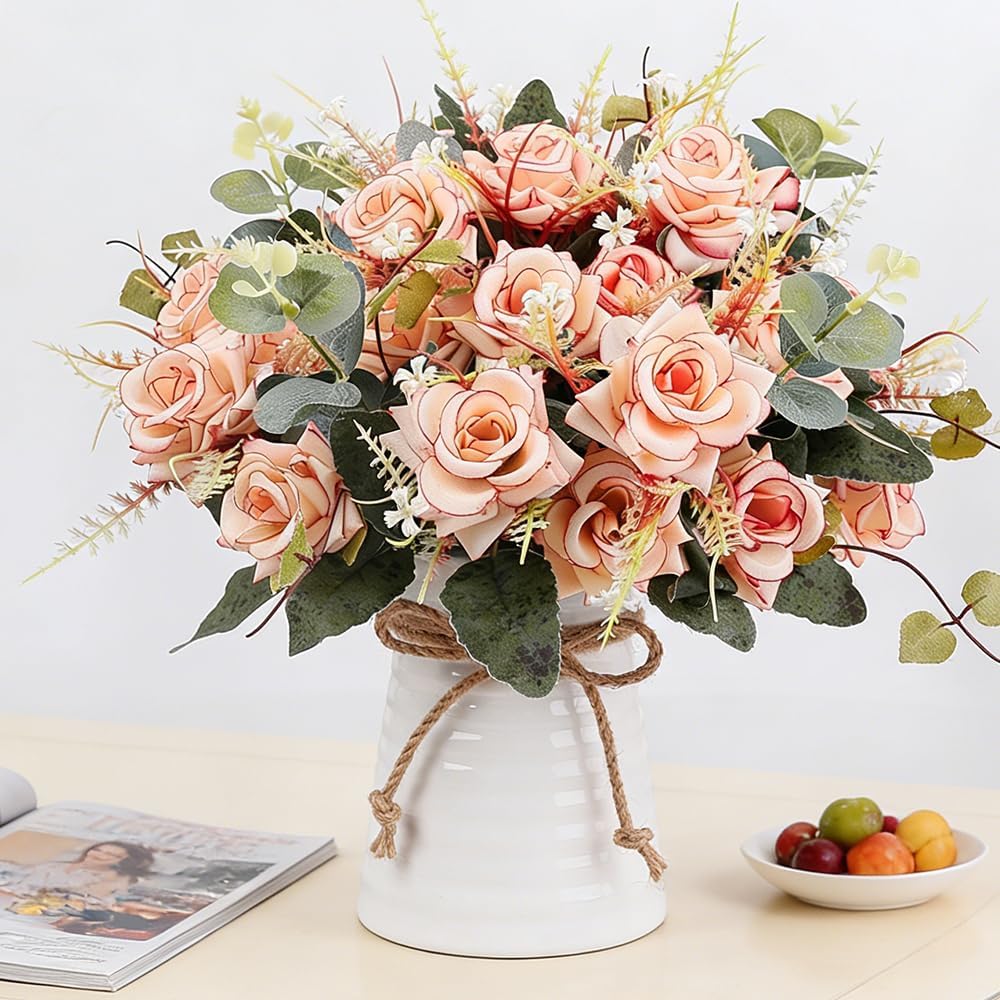 LESING Artificial Rose with Vase,Fake Silk Flowers Bouquets in Vase Table Centerpiece Arrangement for Kitchen Living Room(Red-1)