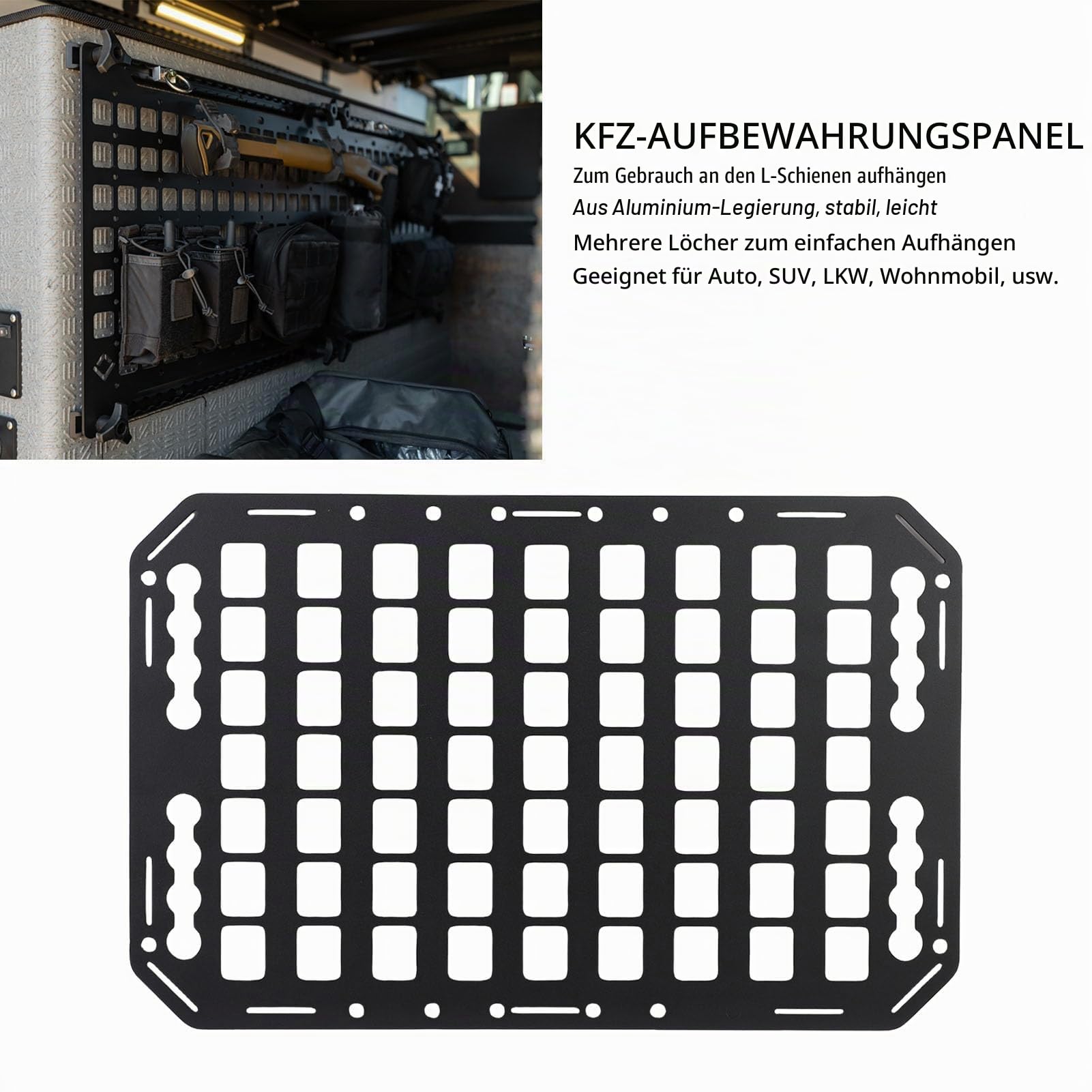 Asixxsix Molle-Panel für die Ladefläche, 483 x 311 x 2 mm, Aluminiumlegierung, seitliches Molle-Panel mit L-Schiene, taktisches Aufbewahrungssystem für PKW, SUV, Wohnmobil