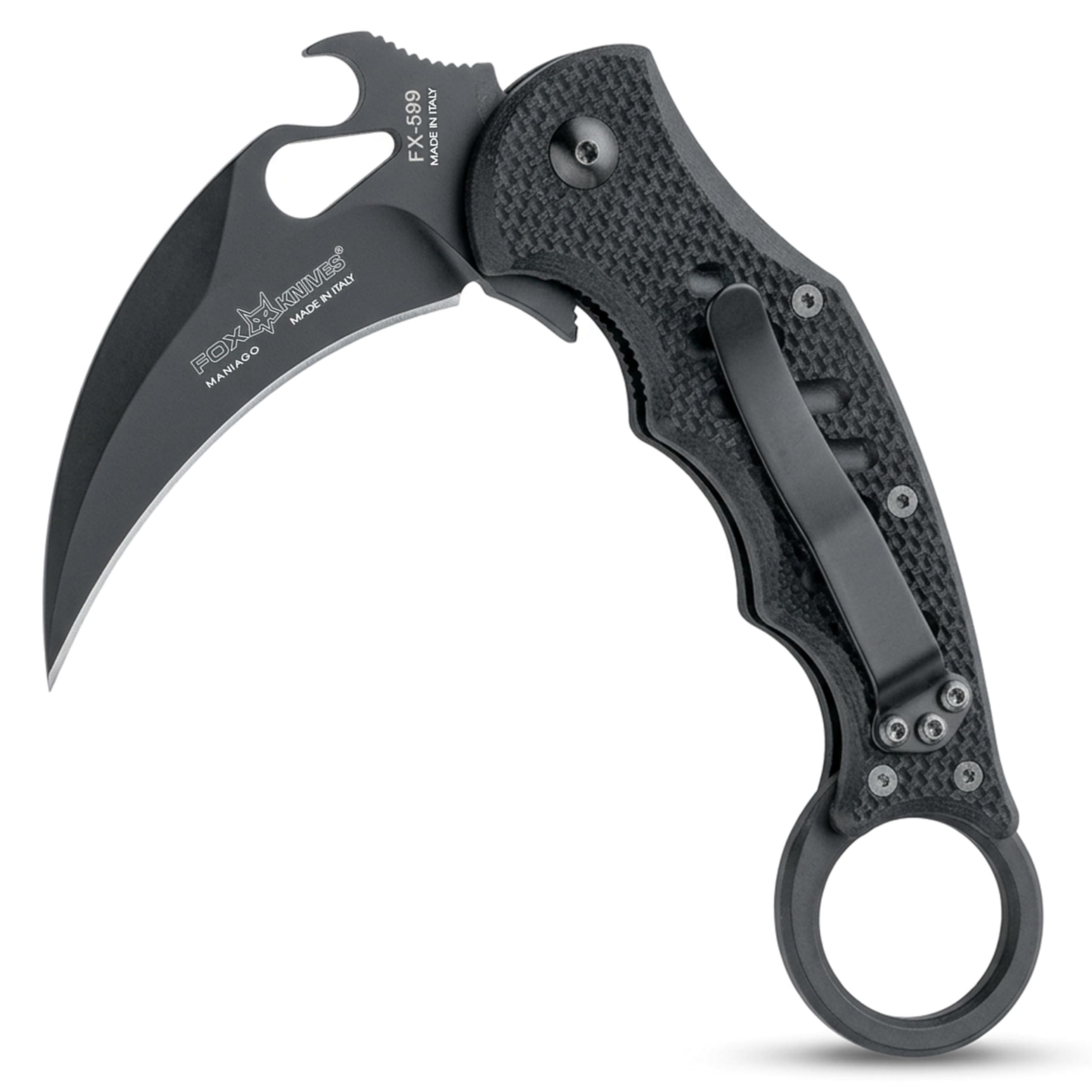 Fox Knives FX-599 G10 Black Emerson Wave Folding Karambit, Rapid One-Handed Deployment, Teflon Coating, Black Idroglider Blade Finish, Pocket Clip