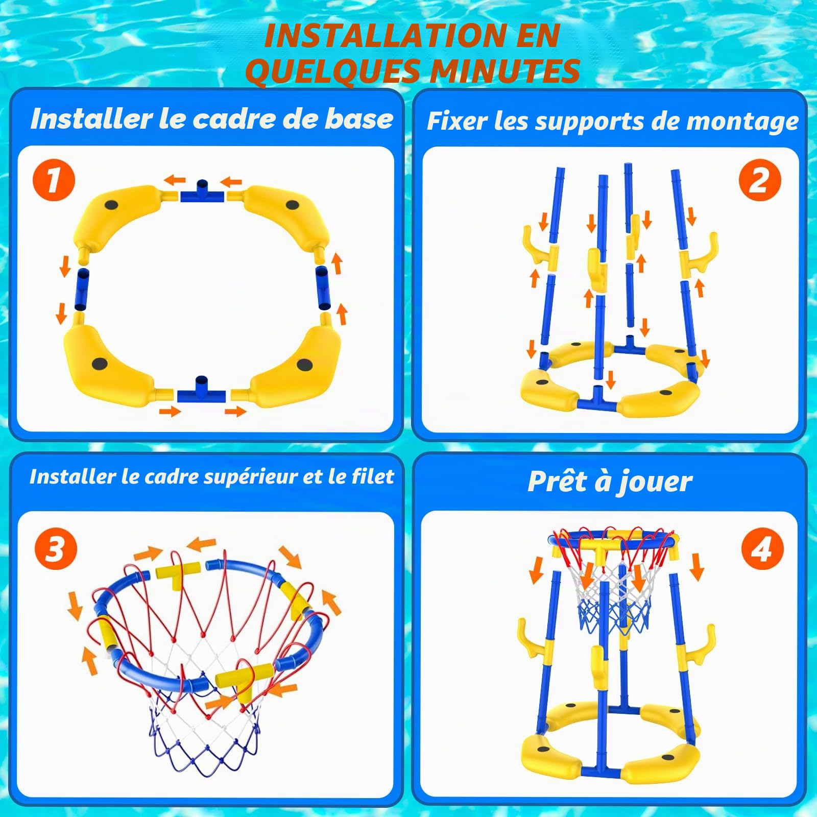 Ensemble de panier de basketball pour piscine_Panier de basketball flottant pour piscine avec 4 ballons d'eau, pompe et anneaux, jouet de piscine 2-en-1 pour adultes, adolescents et enfants