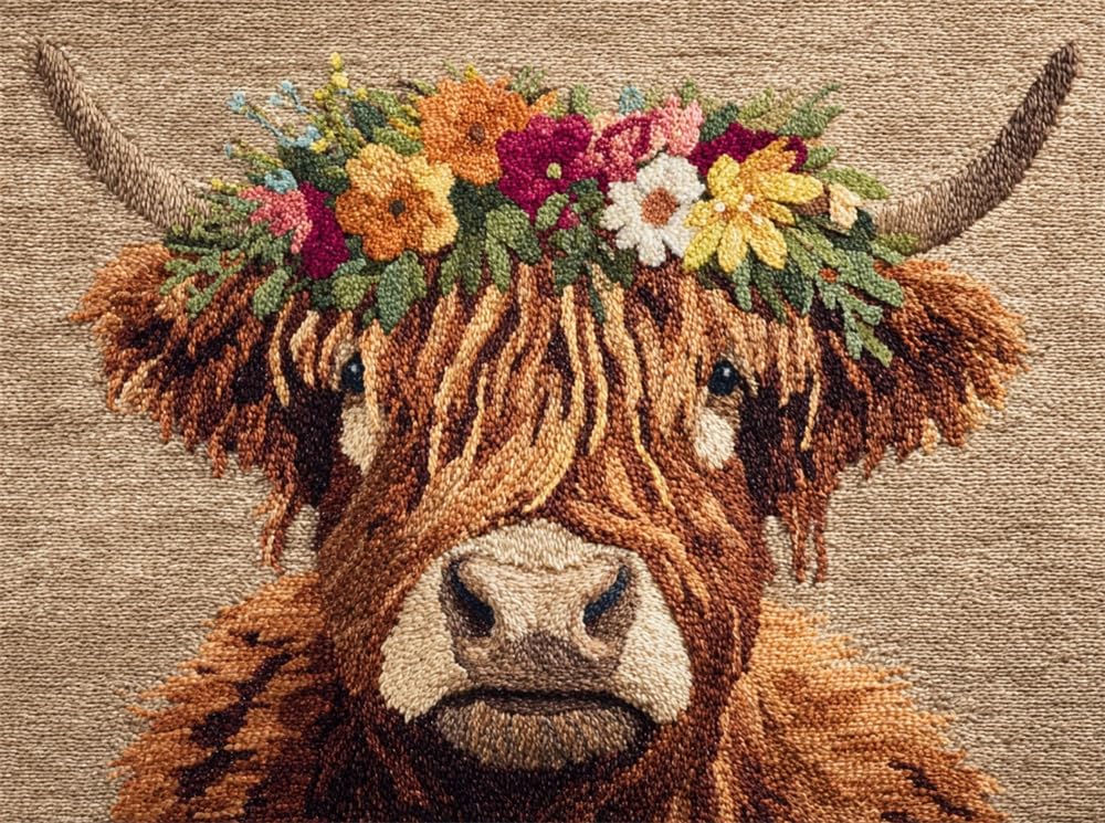 FWRTYCB Latch Hook Rug Kit Highland Cow Wearing A Flower Wreath 20X15Inch Carpet Ma