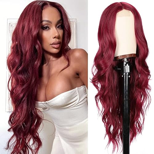 Colorful Queen 99j Burgundy Wig Glueless Long Wavy Synthetic Red Wigs for Women 26 Inch Curly Wig Put on and Go Wine Red Colored Wigs for Cosplay Daily Use