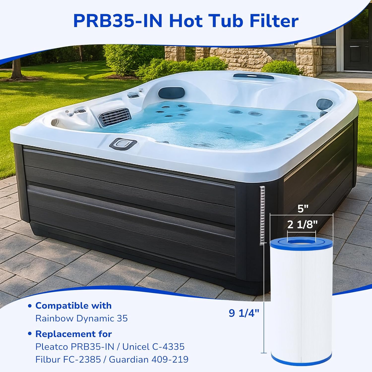 Fil-fresh PRB35-IN Hot Tub Filter Replacement for Filbur FC-2385, Unicel C-4335, ThermoSpa FL1008, Pleatco PRB35-IN, Guardian 409-219, 5×9 Drop‑in Spa Filter, 35 Sq. ft, 2-Pack