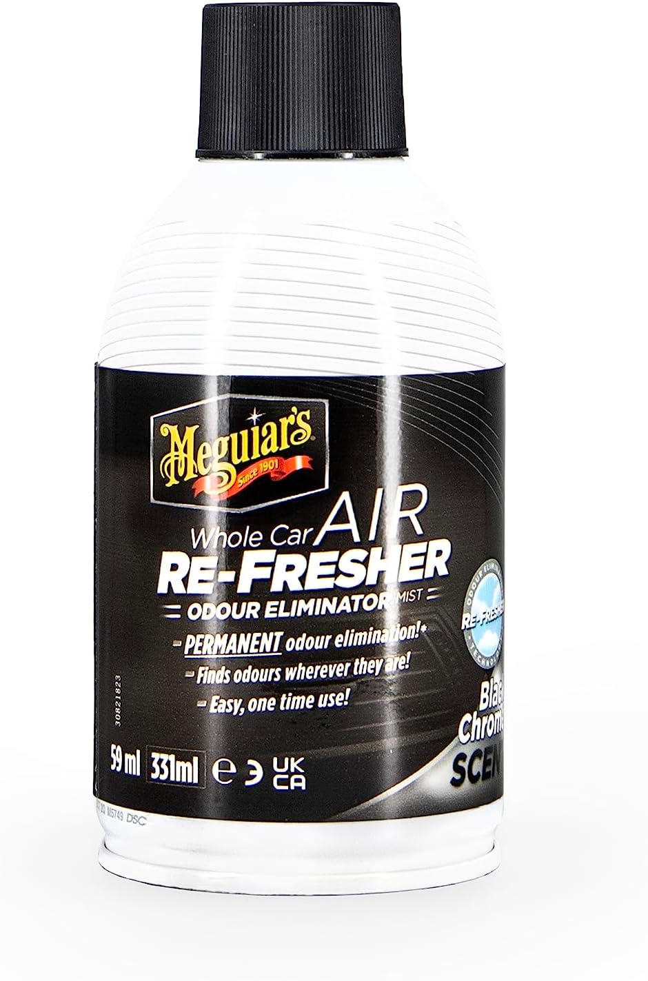 Meguiar's G181302EU Whole Car Air Re-Fresher Odour Eliminator Mist Black Chrome Scent Air Bomb 59ml
